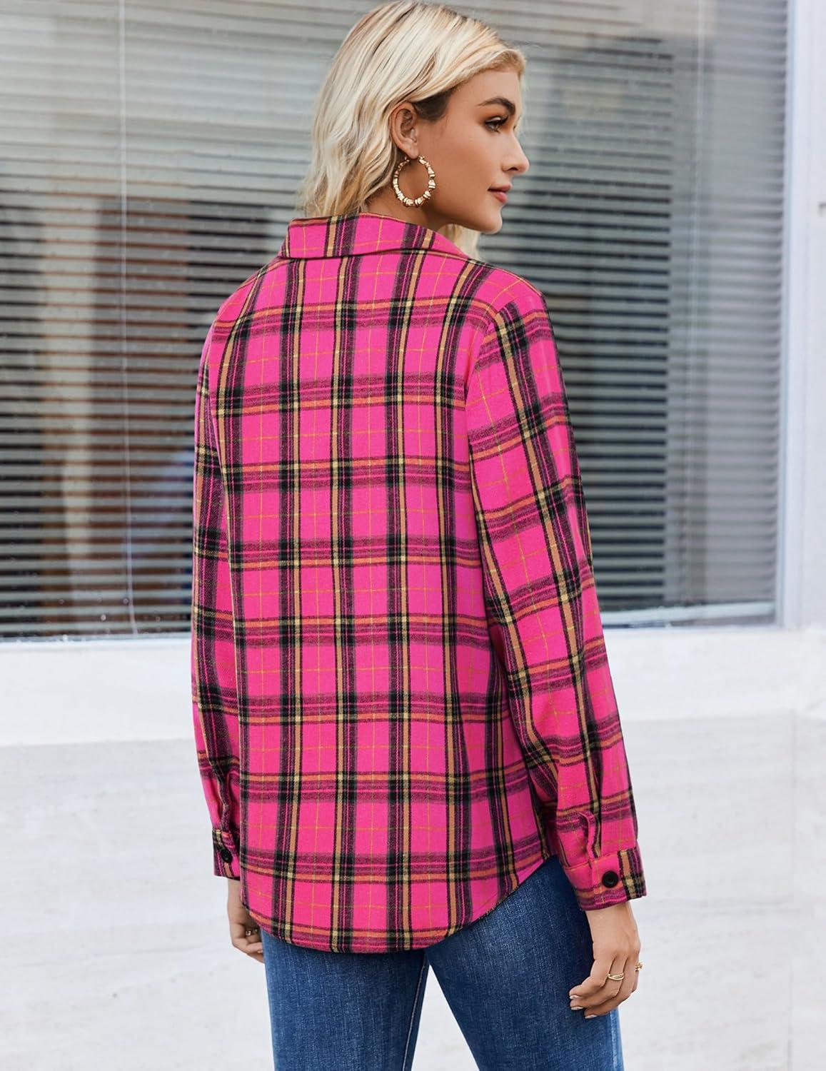imageZeagoo Womens Button Down Flannel Shirts Long Sleeve Plaid Blouses Lightweight Business Dressy Casual Top with PocketsHot Pink