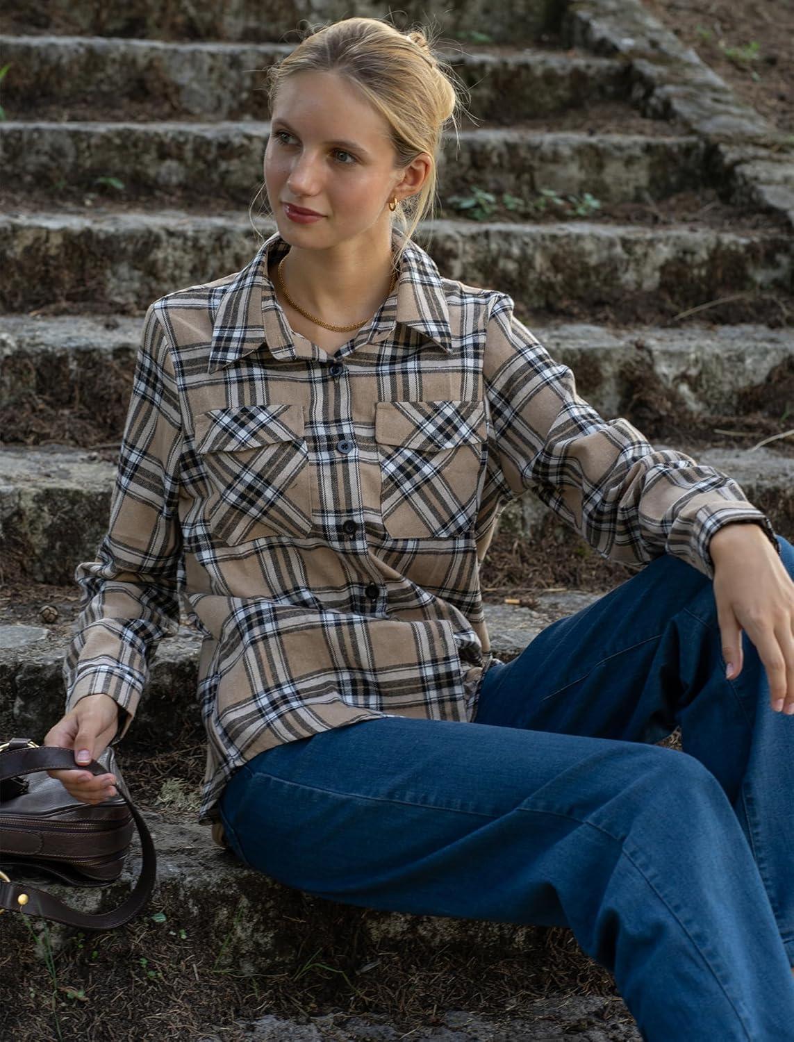imageZeagoo Womens Button Down Flannel Shirts Long Sleeve Plaid Blouses Lightweight Business Dressy Casual Top with PocketsKhaki