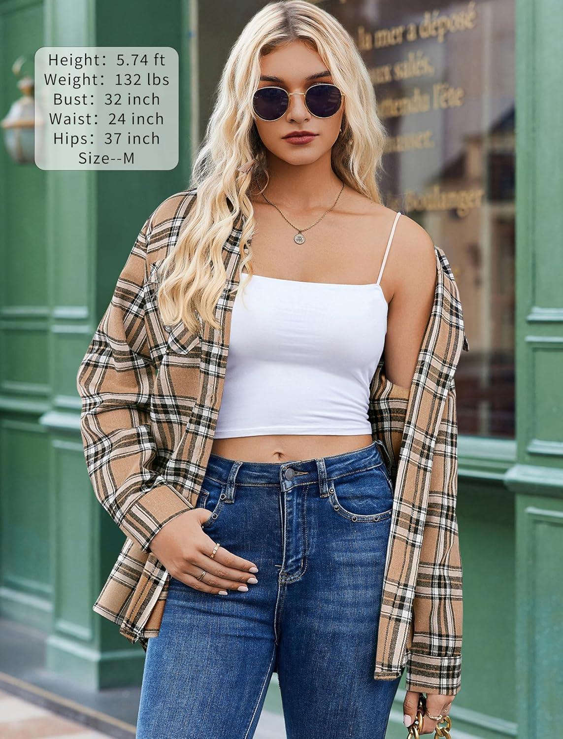imageZeagoo Womens Button Down Flannel Shirts Long Sleeve Plaid Blouses Lightweight Business Dressy Casual Top with PocketsKhaki
