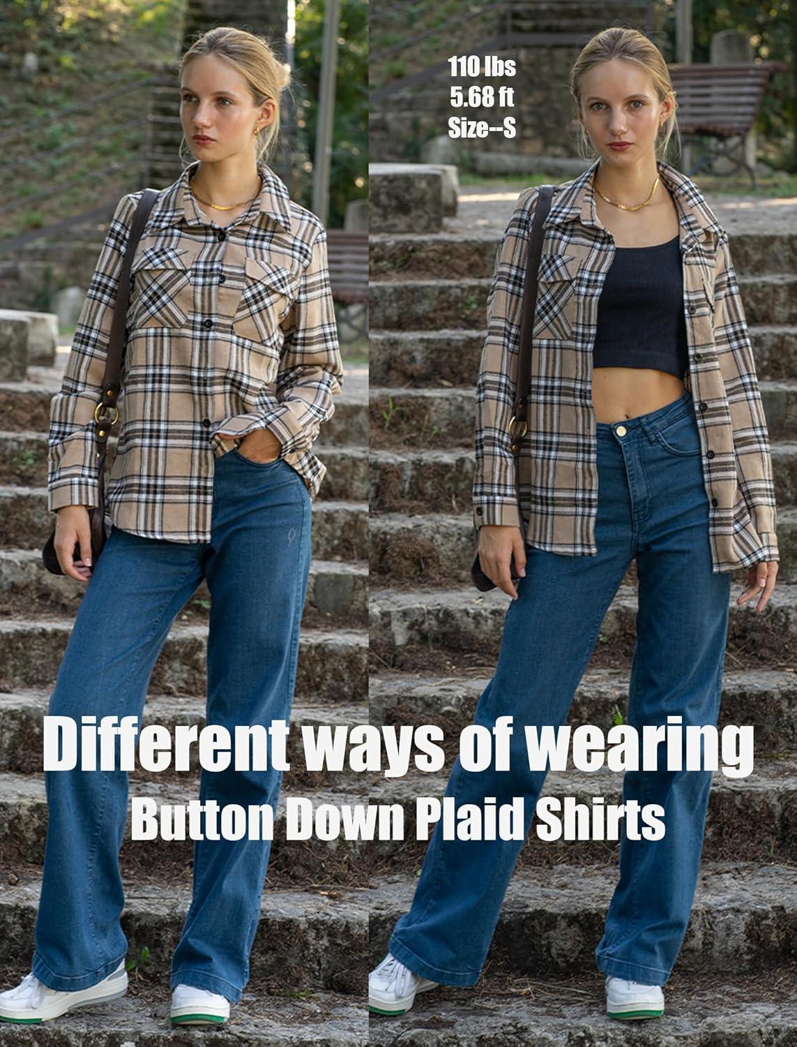imageZeagoo Womens Button Down Flannel Shirts Long Sleeve Plaid Blouses Lightweight Business Dressy Casual Top with PocketsKhaki