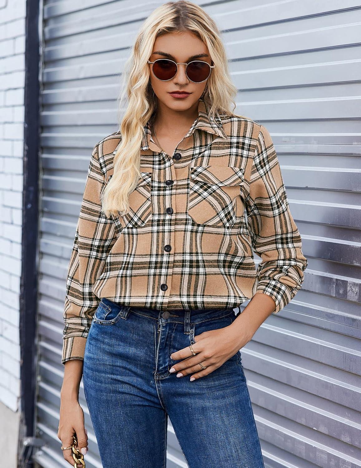 imageZeagoo Womens Button Down Flannel Shirts Long Sleeve Plaid Blouses Lightweight Business Dressy Casual Top with PocketsKhaki
