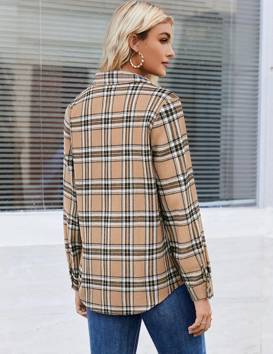 imageZeagoo Womens Button Down Flannel Shirts Long Sleeve Plaid Blouses Lightweight Business Dressy Casual Top with PocketsKhaki