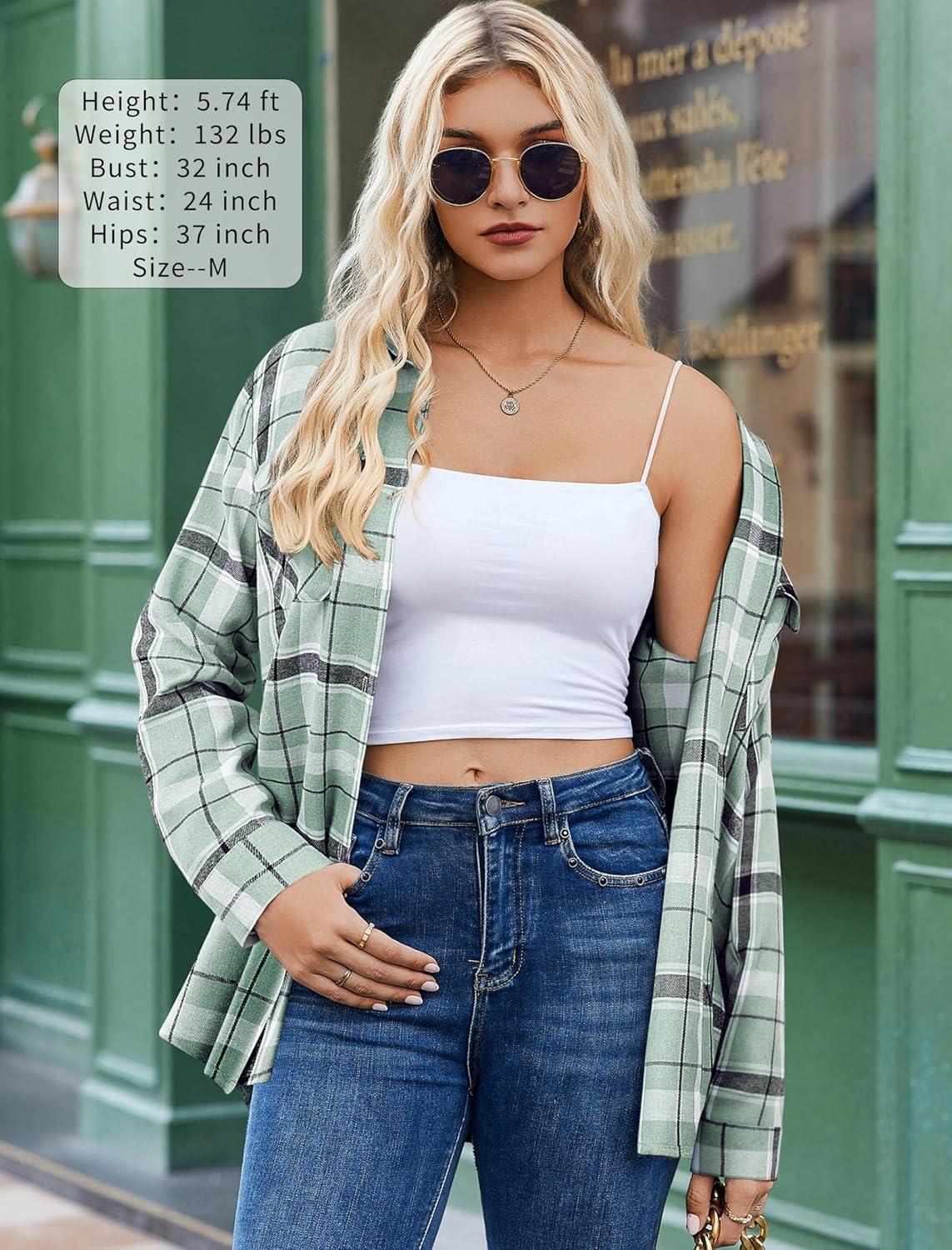 imageZeagoo Womens Button Down Flannel Shirts Long Sleeve Plaid Blouses Lightweight Business Dressy Casual Top with PocketsLight Green