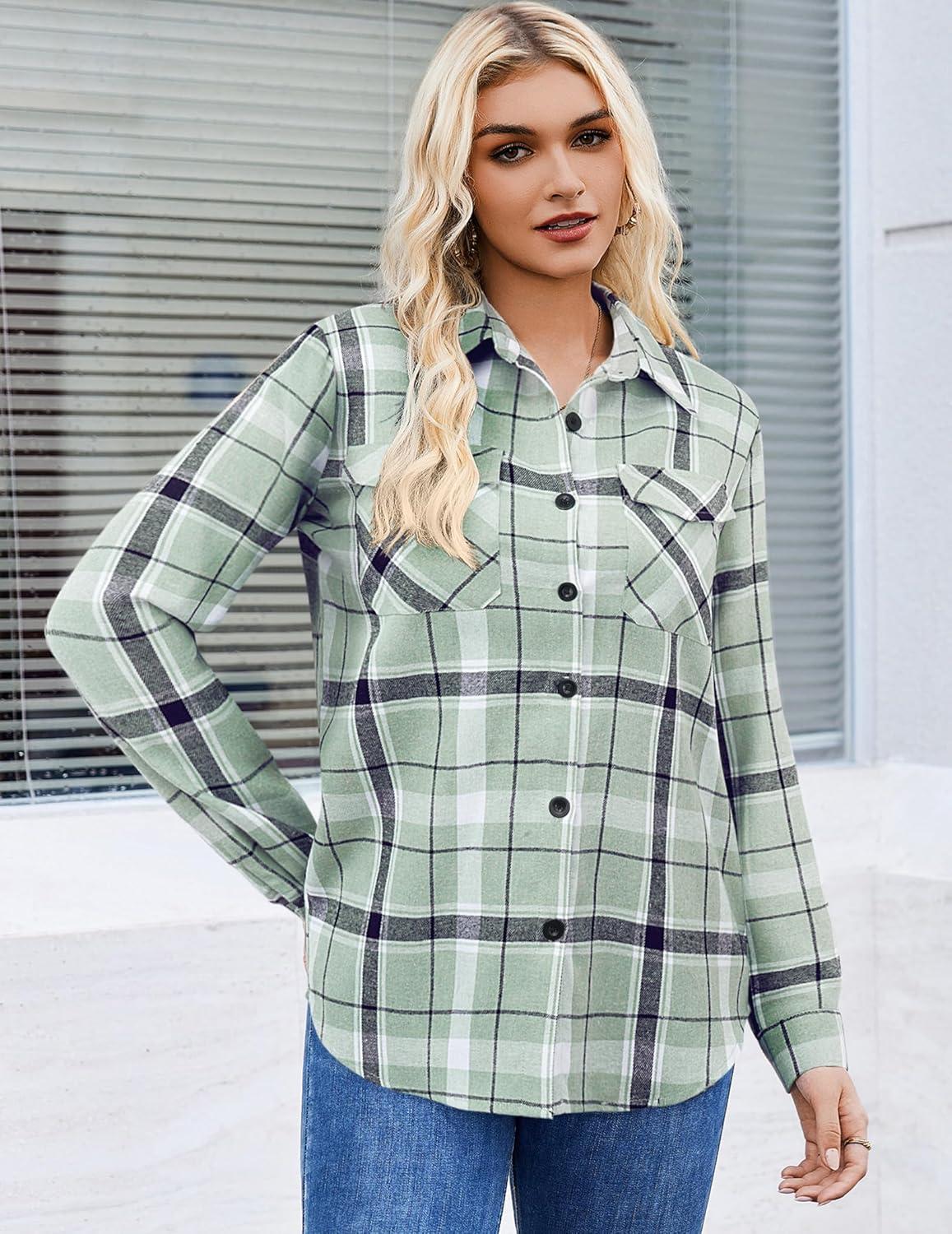 imageZeagoo Womens Button Down Flannel Shirts Long Sleeve Plaid Blouses Lightweight Business Dressy Casual Top with PocketsLight Green