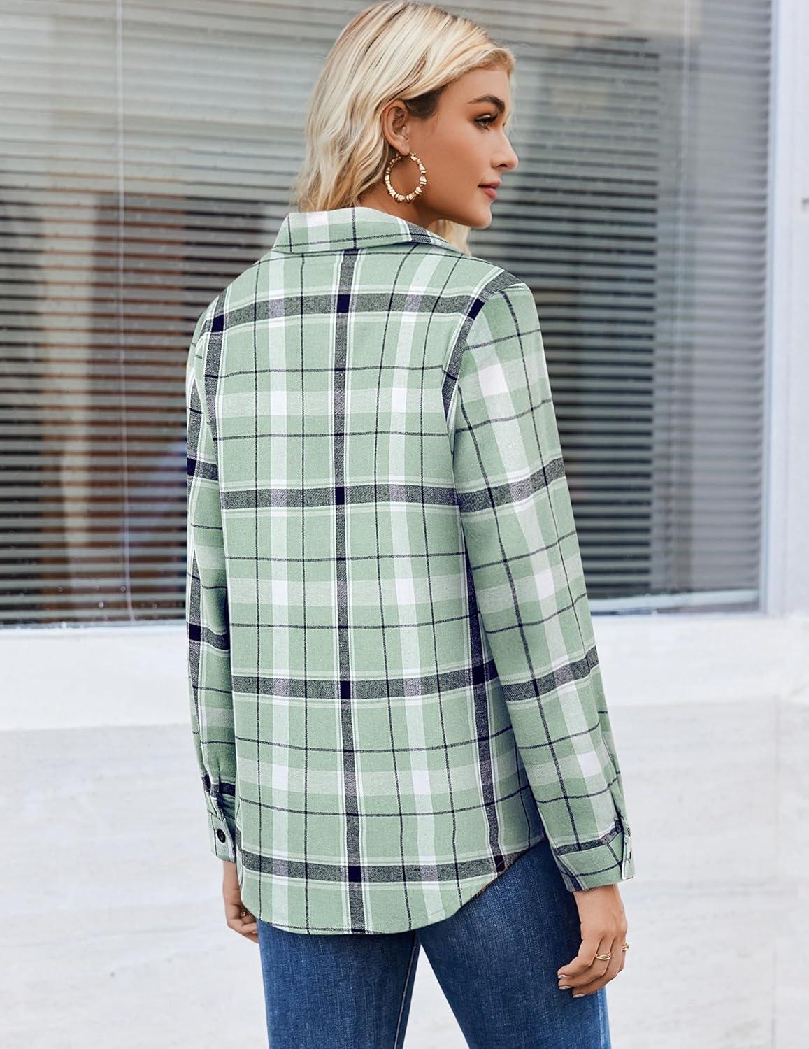 imageZeagoo Womens Button Down Flannel Shirts Long Sleeve Plaid Blouses Lightweight Business Dressy Casual Top with PocketsLight Green