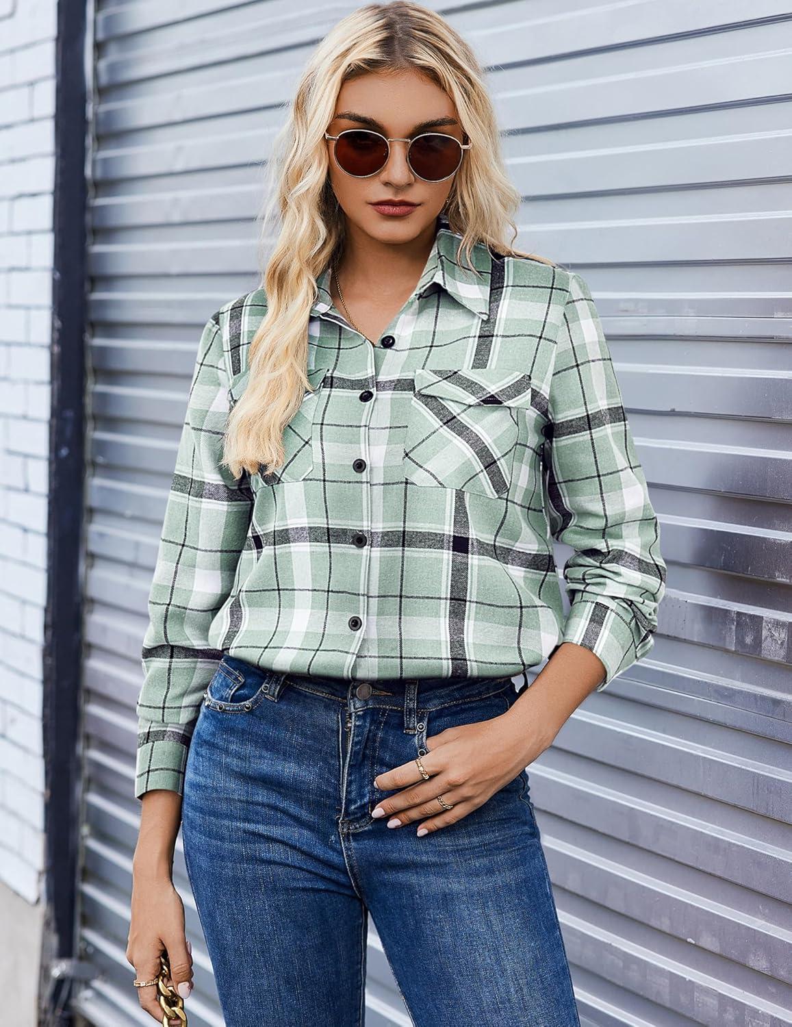 imageZeagoo Womens Button Down Flannel Shirts Long Sleeve Plaid Blouses Lightweight Business Dressy Casual Top with PocketsLight Green