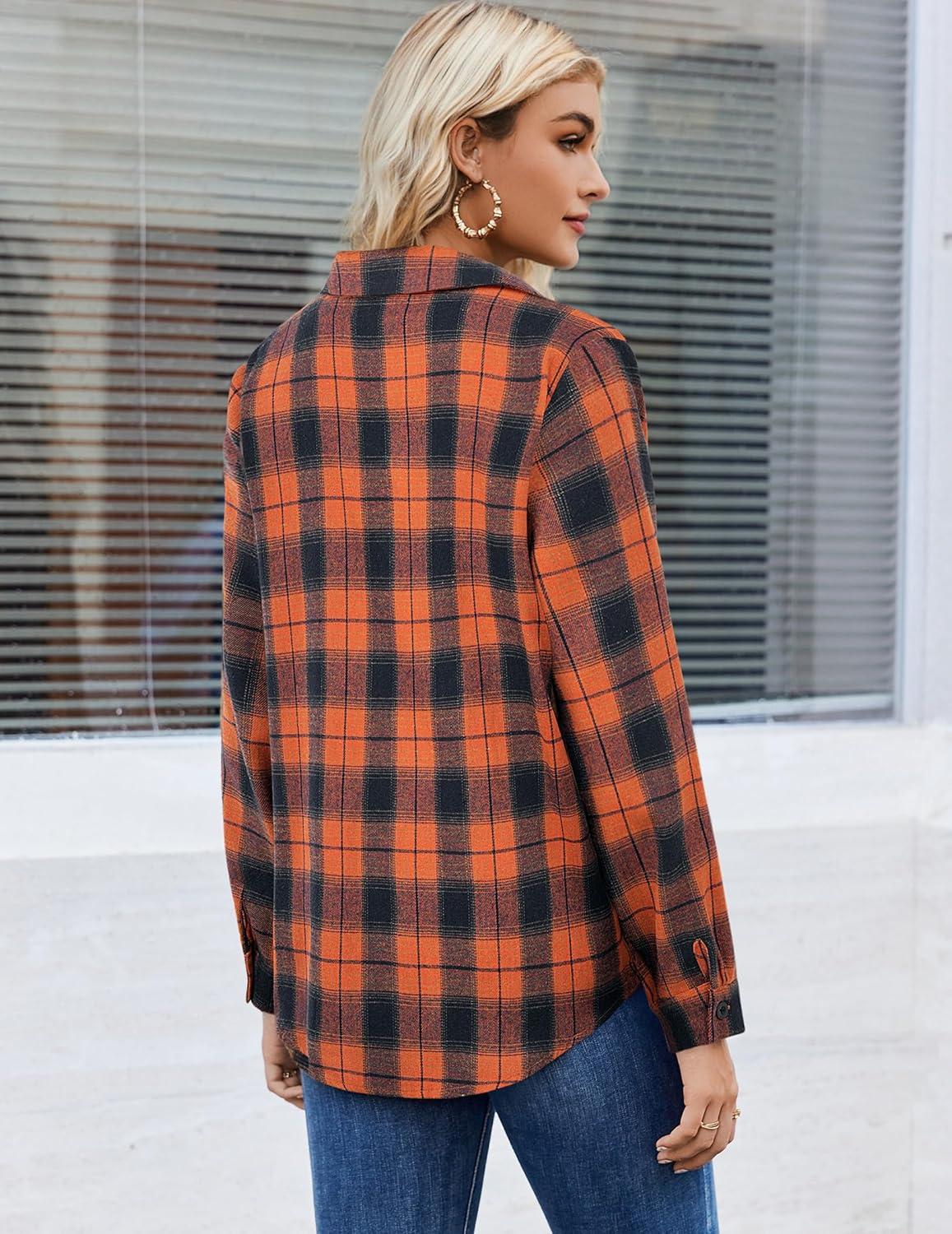 imageZeagoo Womens Button Down Flannel Shirts Long Sleeve Plaid Blouses Lightweight Business Dressy Casual Top with PocketsOrange and Navy Blue