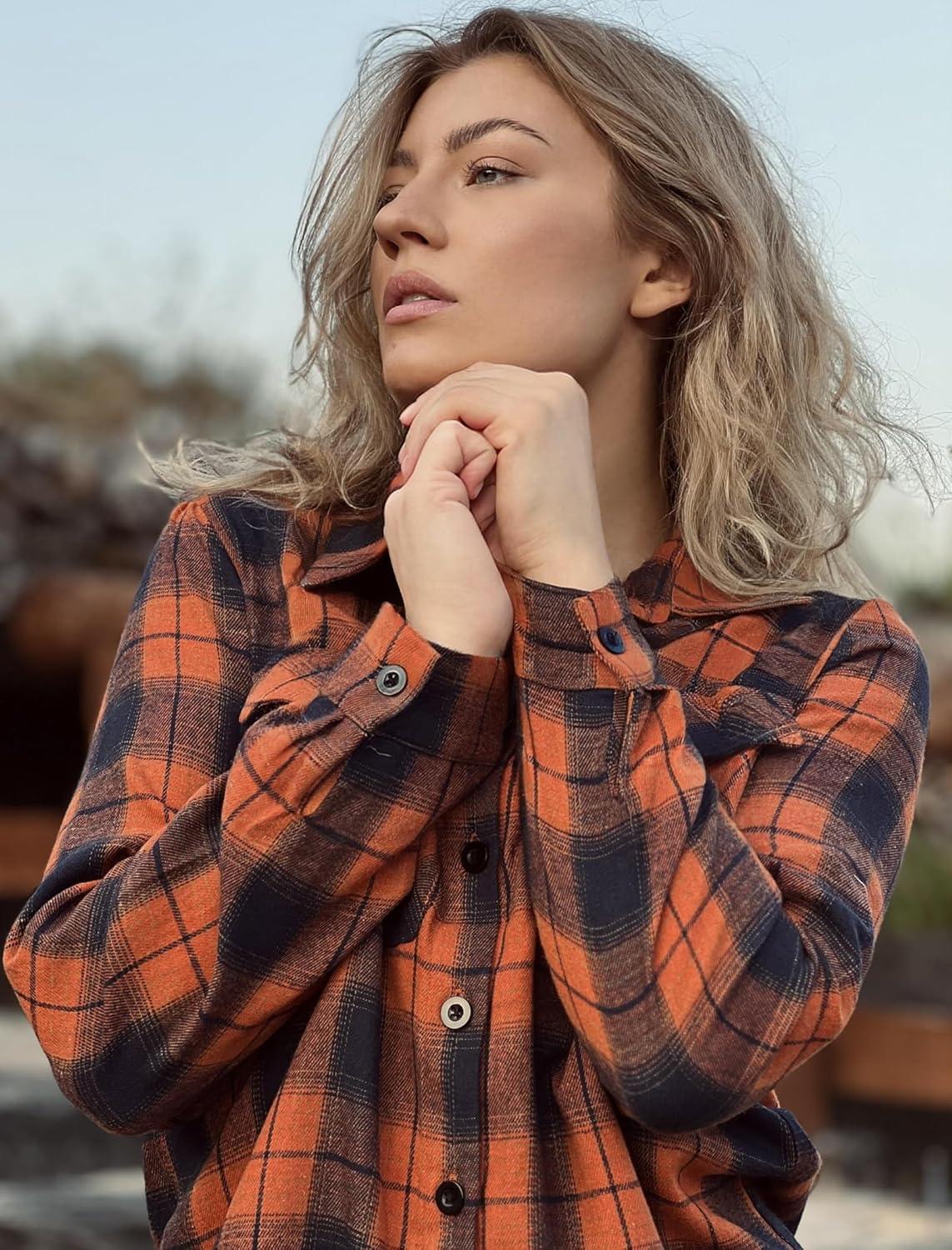 imageZeagoo Womens Button Down Flannel Shirts Long Sleeve Plaid Blouses Lightweight Business Dressy Casual Top with PocketsOrange and Navy Blue