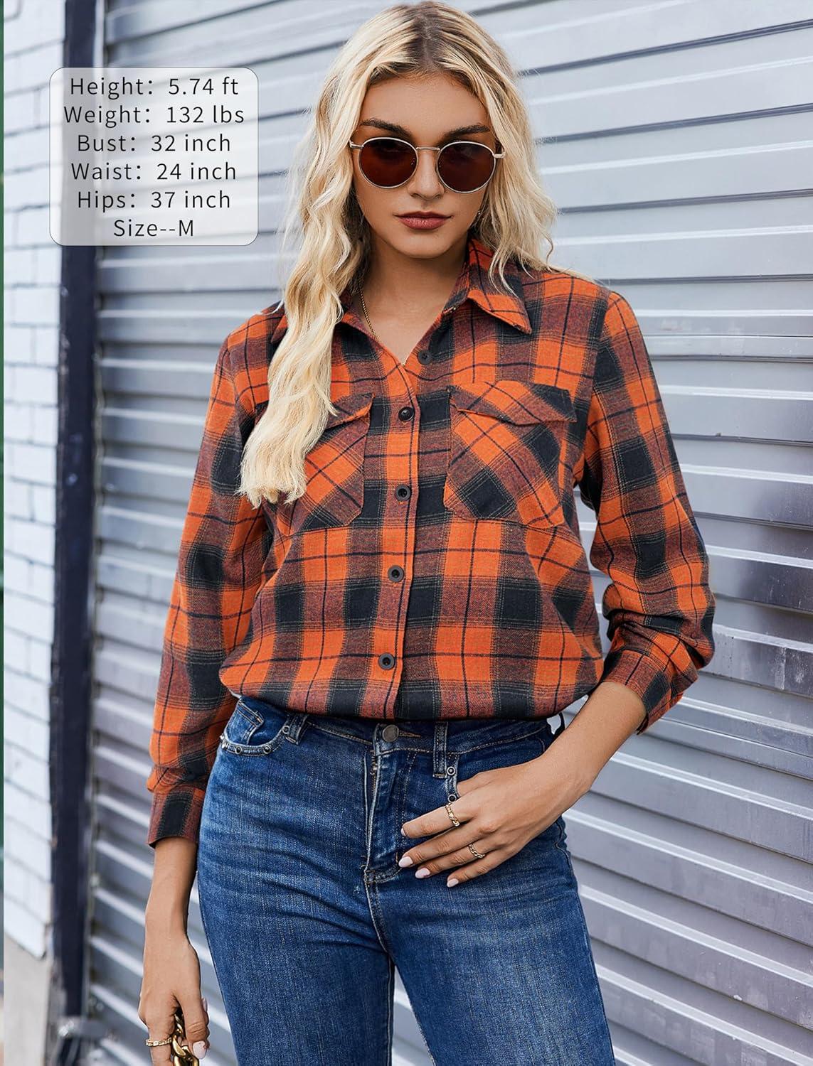 imageZeagoo Womens Button Down Flannel Shirts Long Sleeve Plaid Blouses Lightweight Business Dressy Casual Top with PocketsOrange and Navy Blue
