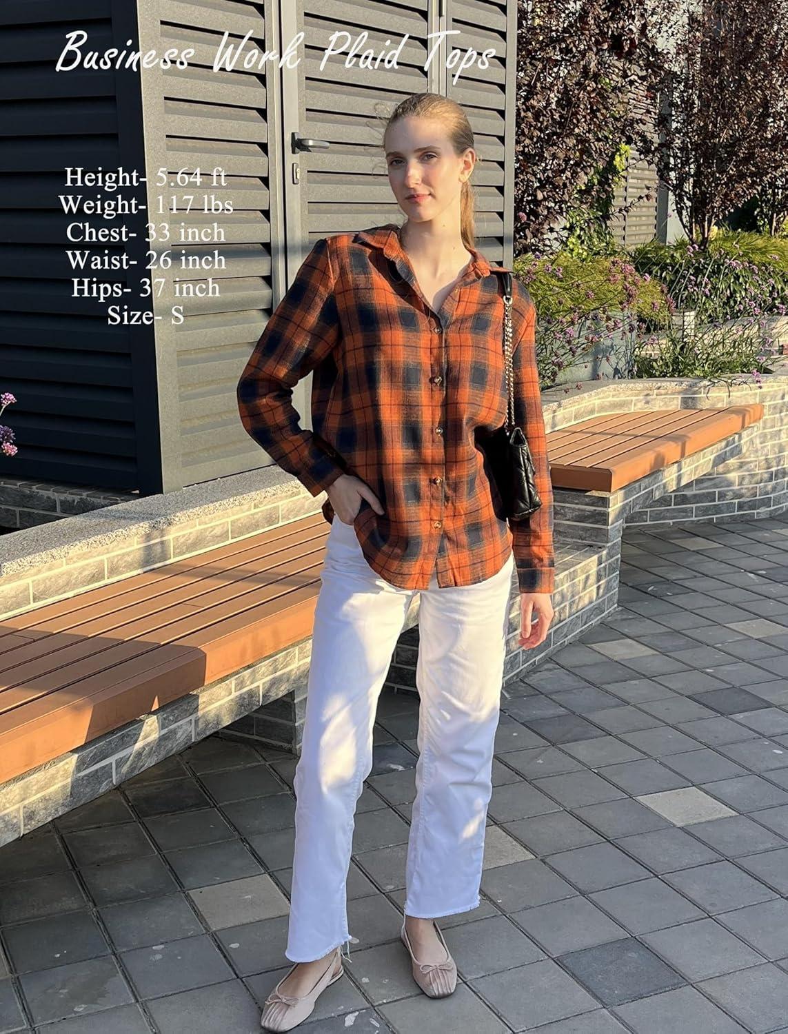 imageZeagoo Womens Button Down Flannel Shirts Long Sleeve Plaid Blouses Lightweight Business Dressy Casual Top with PocketsOrange and Navy Blue