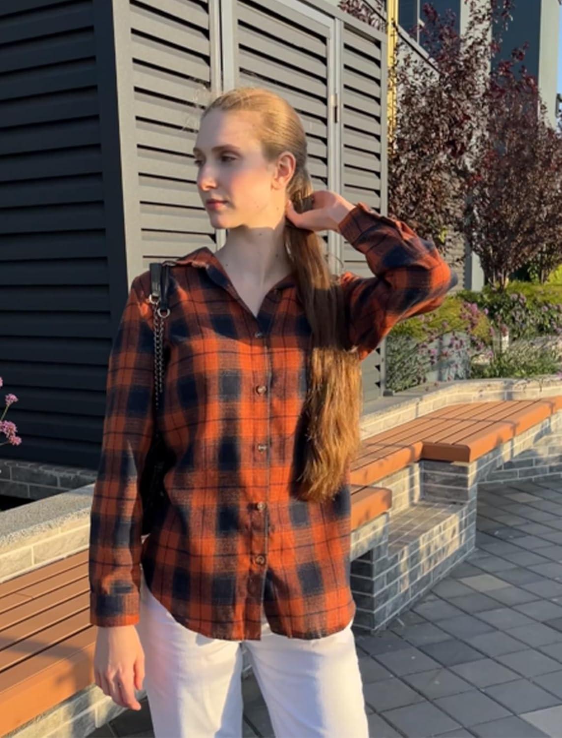 imageZeagoo Womens Button Down Flannel Shirts Long Sleeve Plaid Blouses Lightweight Business Dressy Casual Top with PocketsOrange and Navy Blue