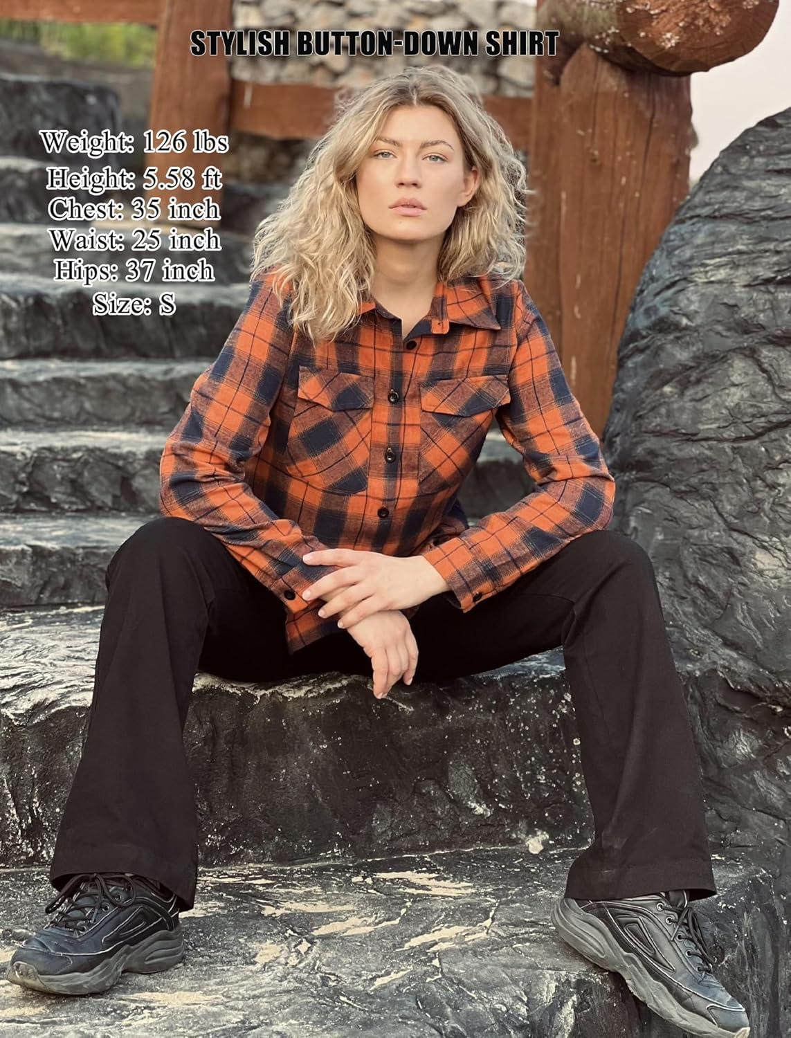 imageZeagoo Womens Button Down Flannel Shirts Long Sleeve Plaid Blouses Lightweight Business Dressy Casual Top with PocketsOrange and Navy Blue