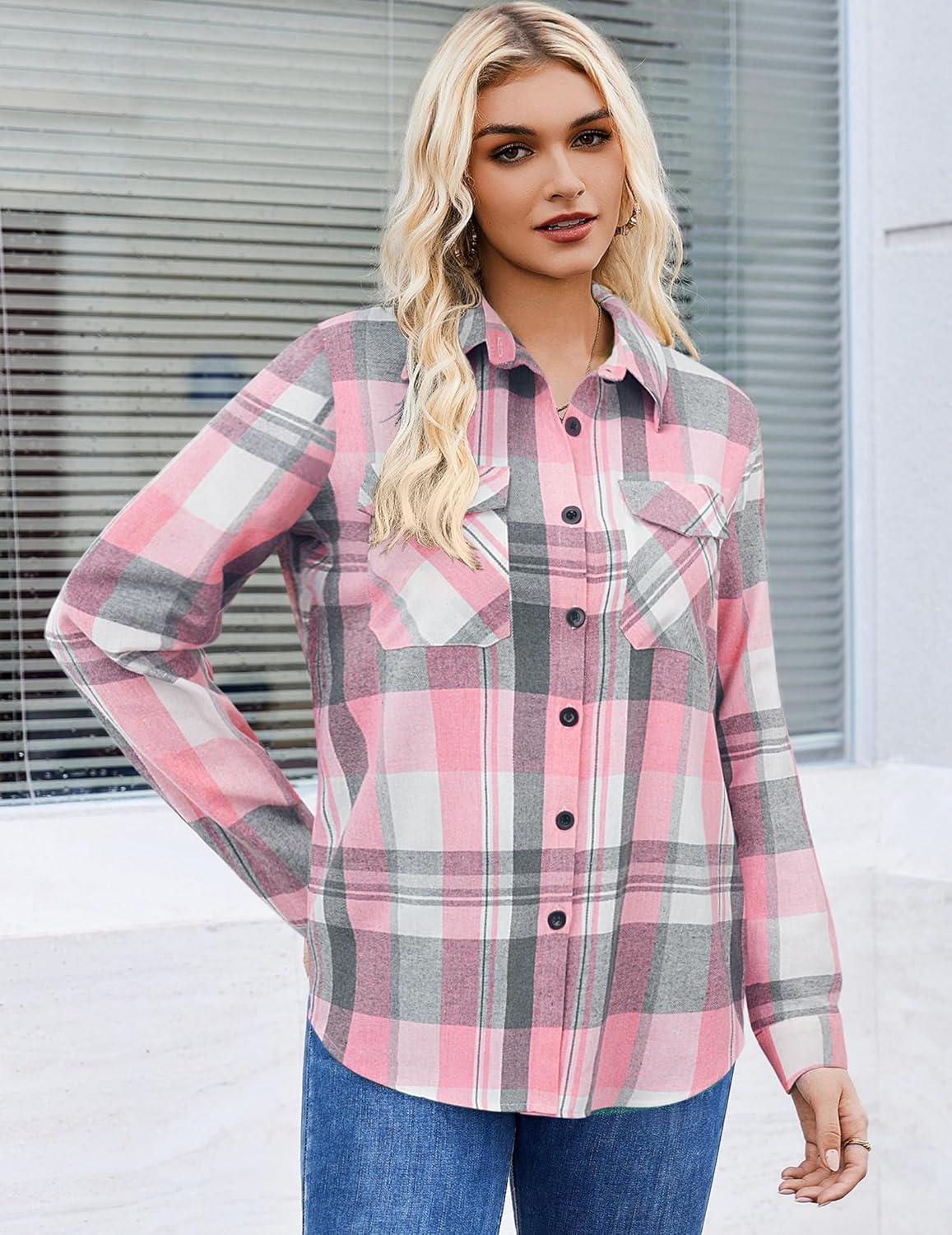 imageZeagoo Womens Button Down Flannel Shirts Long Sleeve Plaid Blouses Lightweight Business Dressy Casual Top with PocketsPink