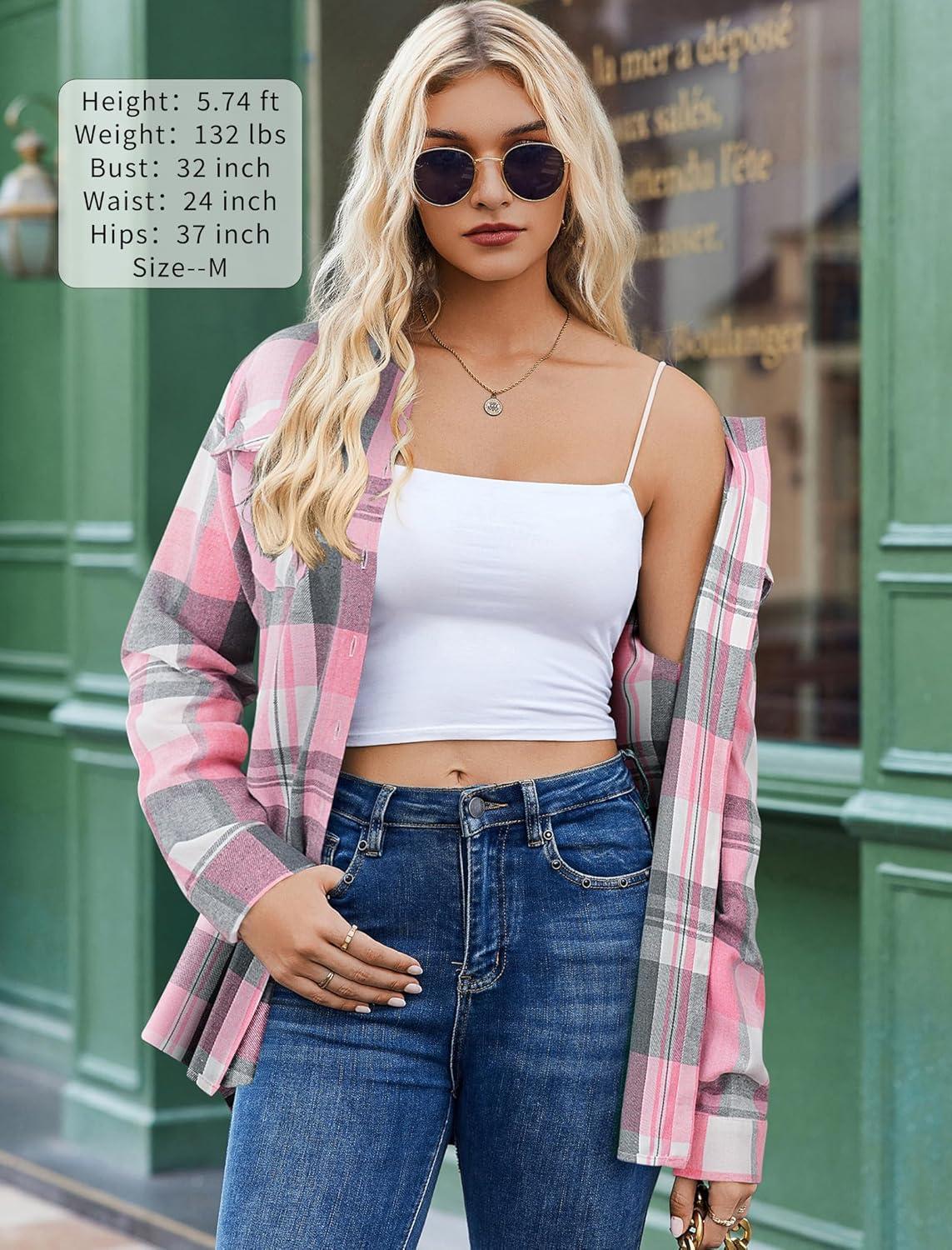 imageZeagoo Womens Button Down Flannel Shirts Long Sleeve Plaid Blouses Lightweight Business Dressy Casual Top with PocketsPink
