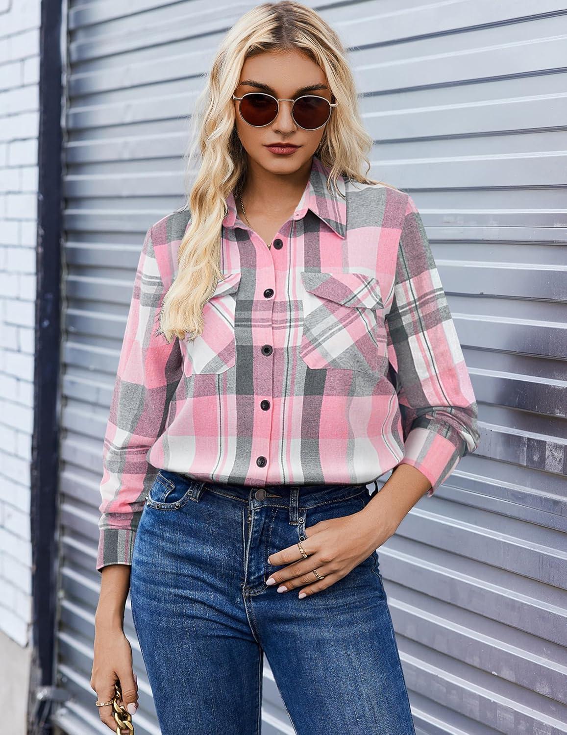 imageZeagoo Womens Button Down Flannel Shirts Long Sleeve Plaid Blouses Lightweight Business Dressy Casual Top with PocketsPink