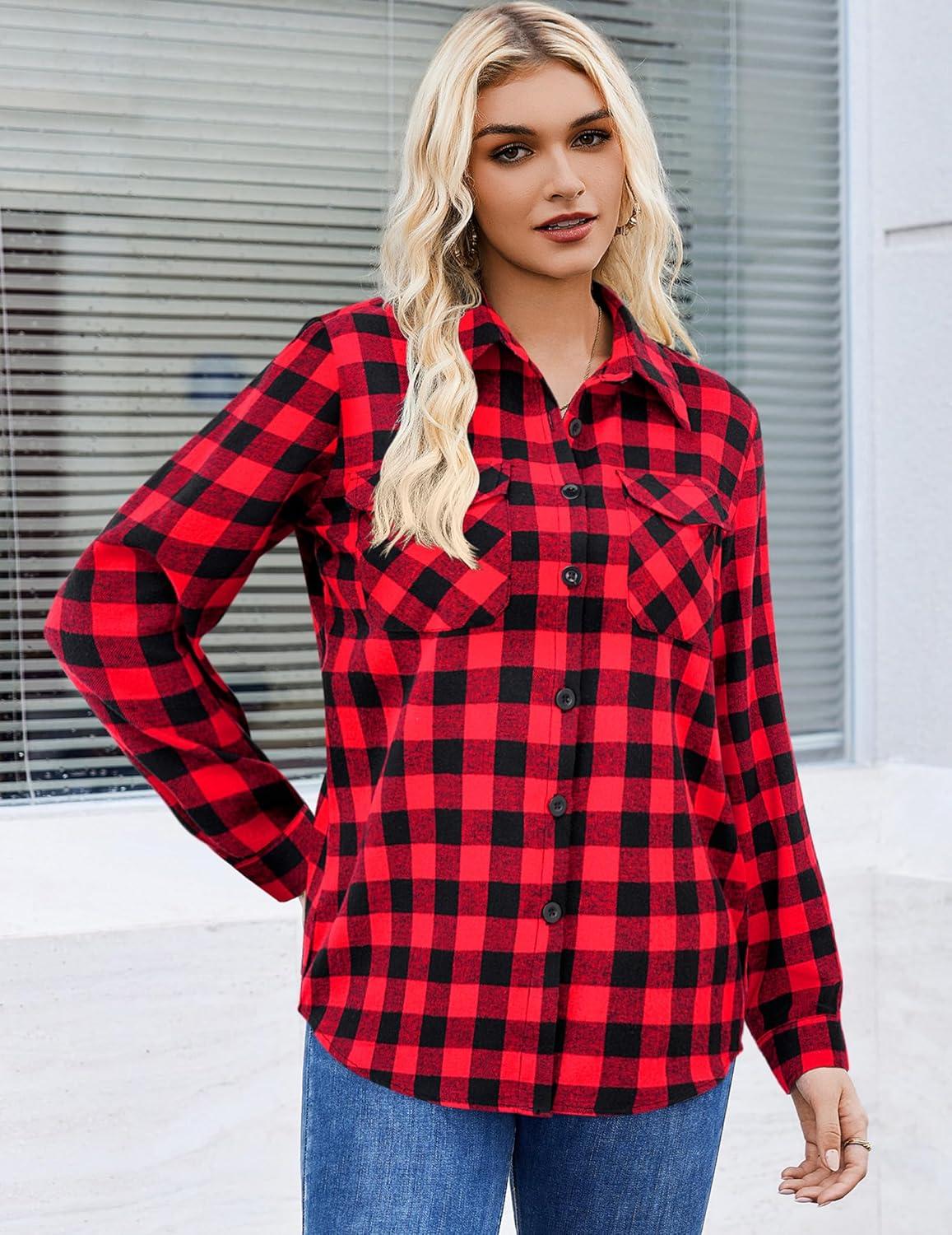 imageZeagoo Womens Button Down Flannel Shirts Long Sleeve Plaid Blouses Lightweight Business Dressy Casual Top with PocketsRed