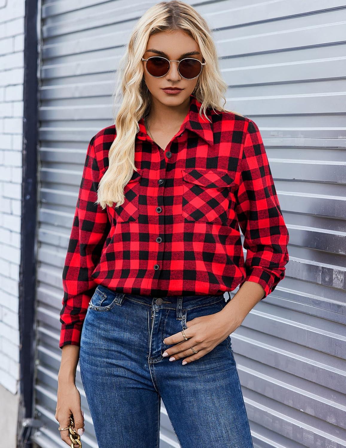 imageZeagoo Womens Button Down Flannel Shirts Long Sleeve Plaid Blouses Lightweight Business Dressy Casual Top with PocketsRed