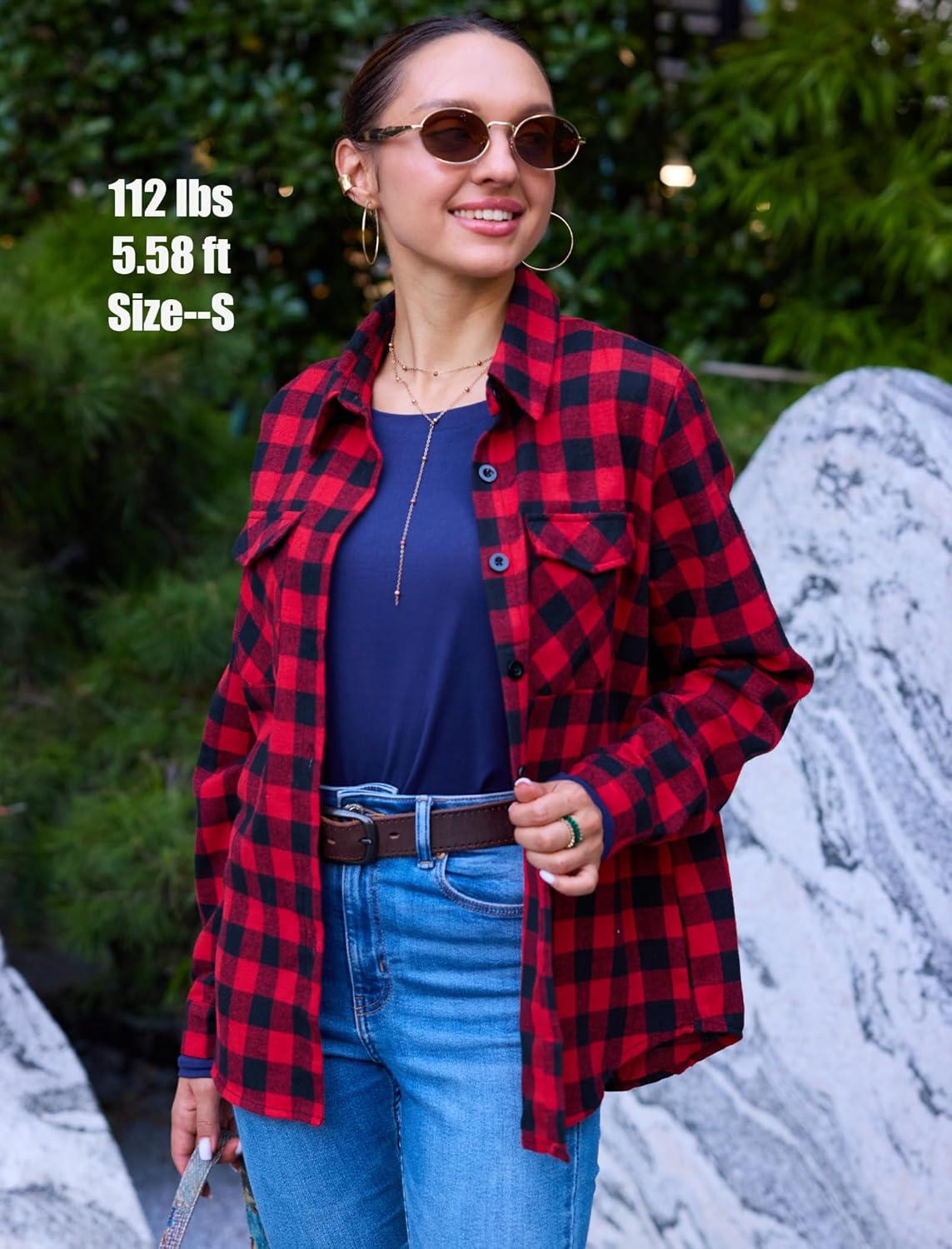imageZeagoo Womens Button Down Flannel Shirts Long Sleeve Plaid Blouses Lightweight Business Dressy Casual Top with PocketsRed