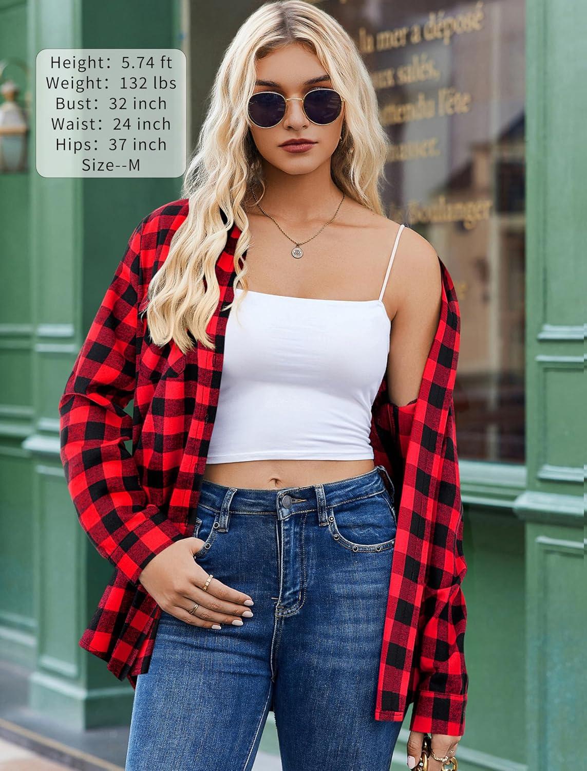 imageZeagoo Womens Button Down Flannel Shirts Long Sleeve Plaid Blouses Lightweight Business Dressy Casual Top with PocketsRed