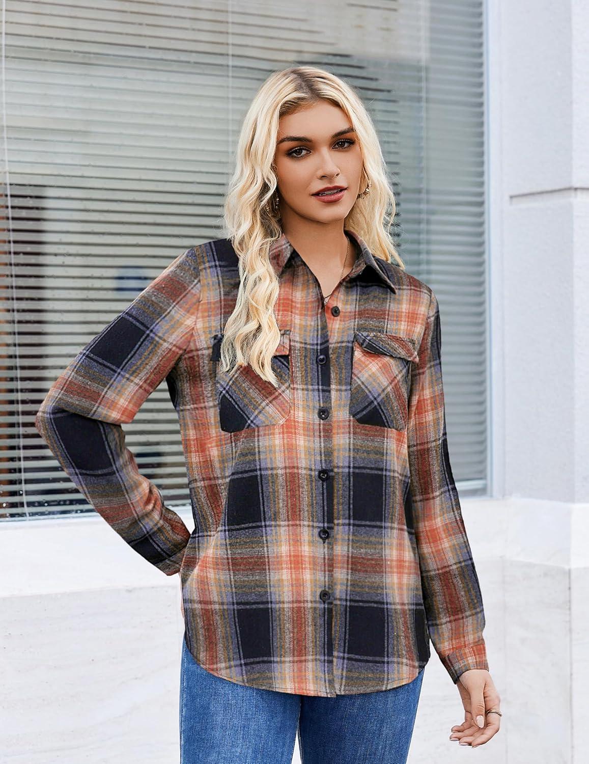 imageZeagoo Womens Button Down Flannel Shirts Long Sleeve Plaid Blouses Lightweight Business Dressy Casual Top with PocketsSandy Brown