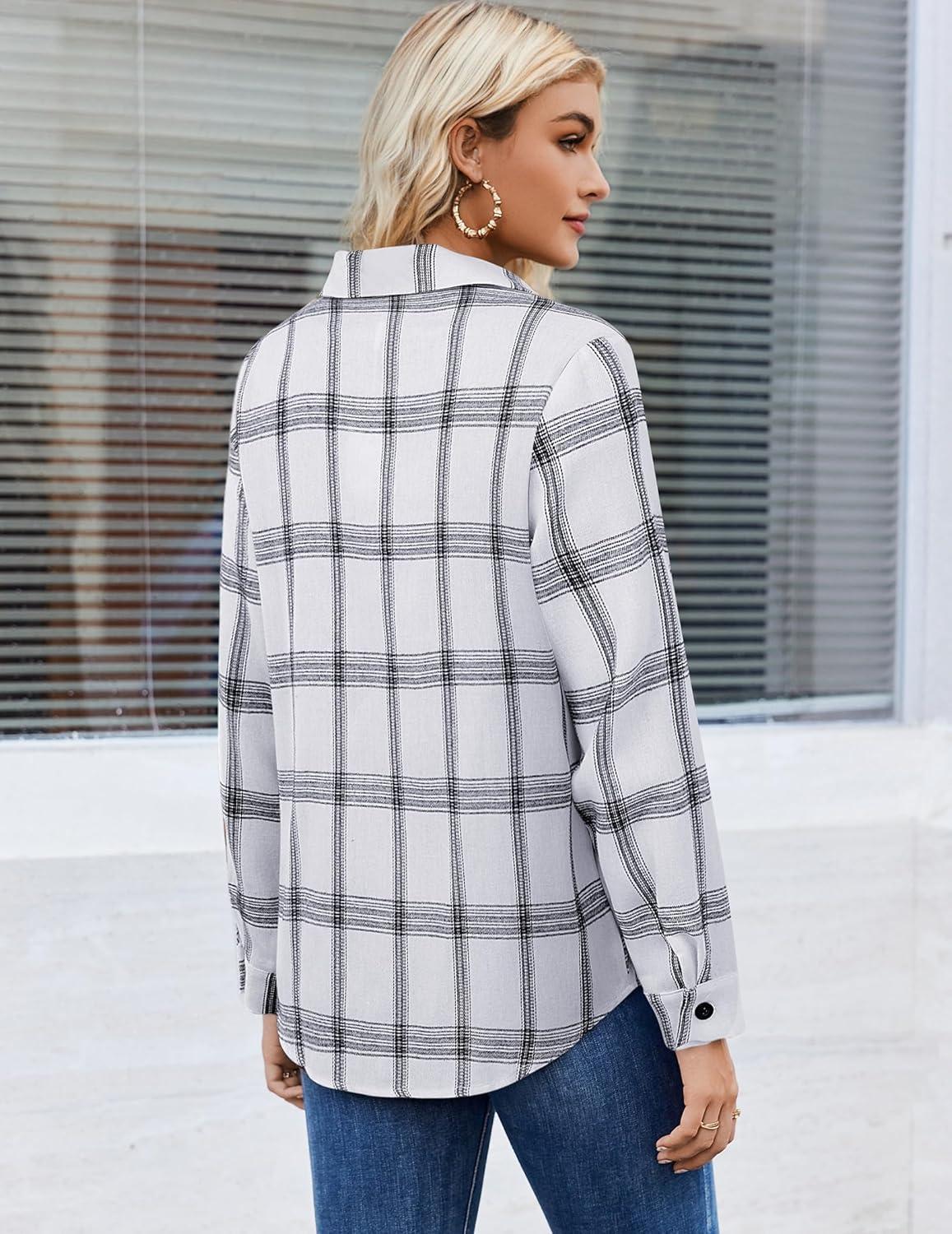 imageZeagoo Womens Button Down Flannel Shirts Long Sleeve Plaid Blouses Lightweight Business Dressy Casual Top with PocketsWhite