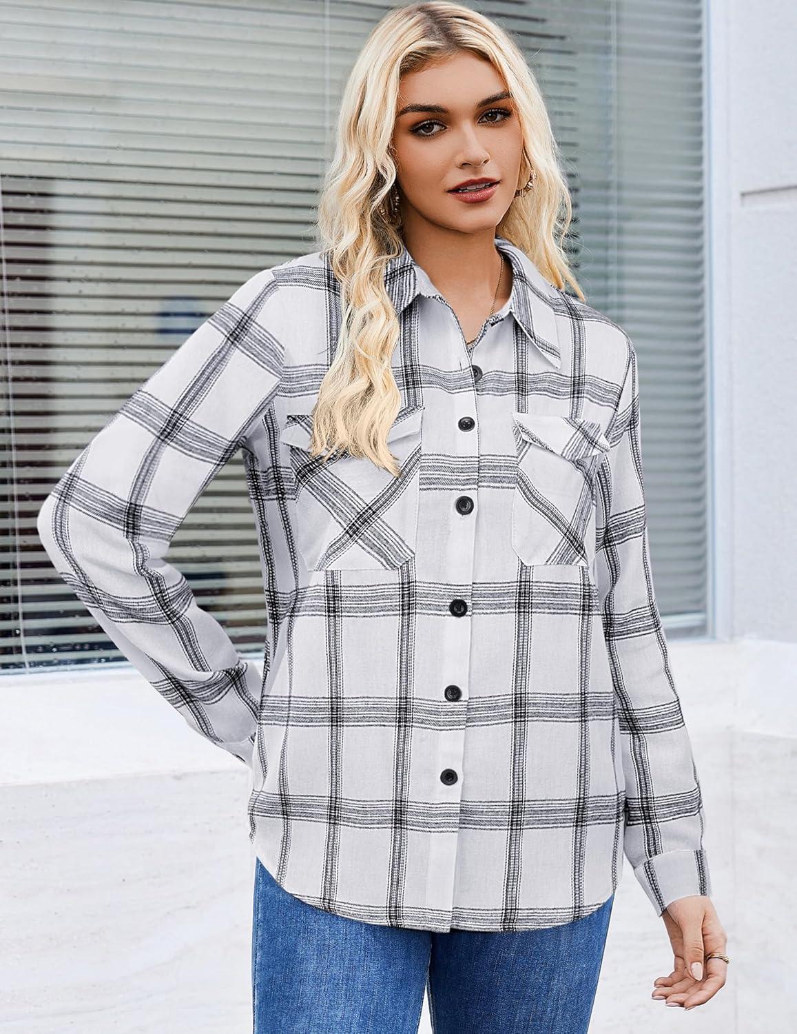 imageZeagoo Womens Button Down Flannel Shirts Long Sleeve Plaid Blouses Lightweight Business Dressy Casual Top with PocketsWhite
