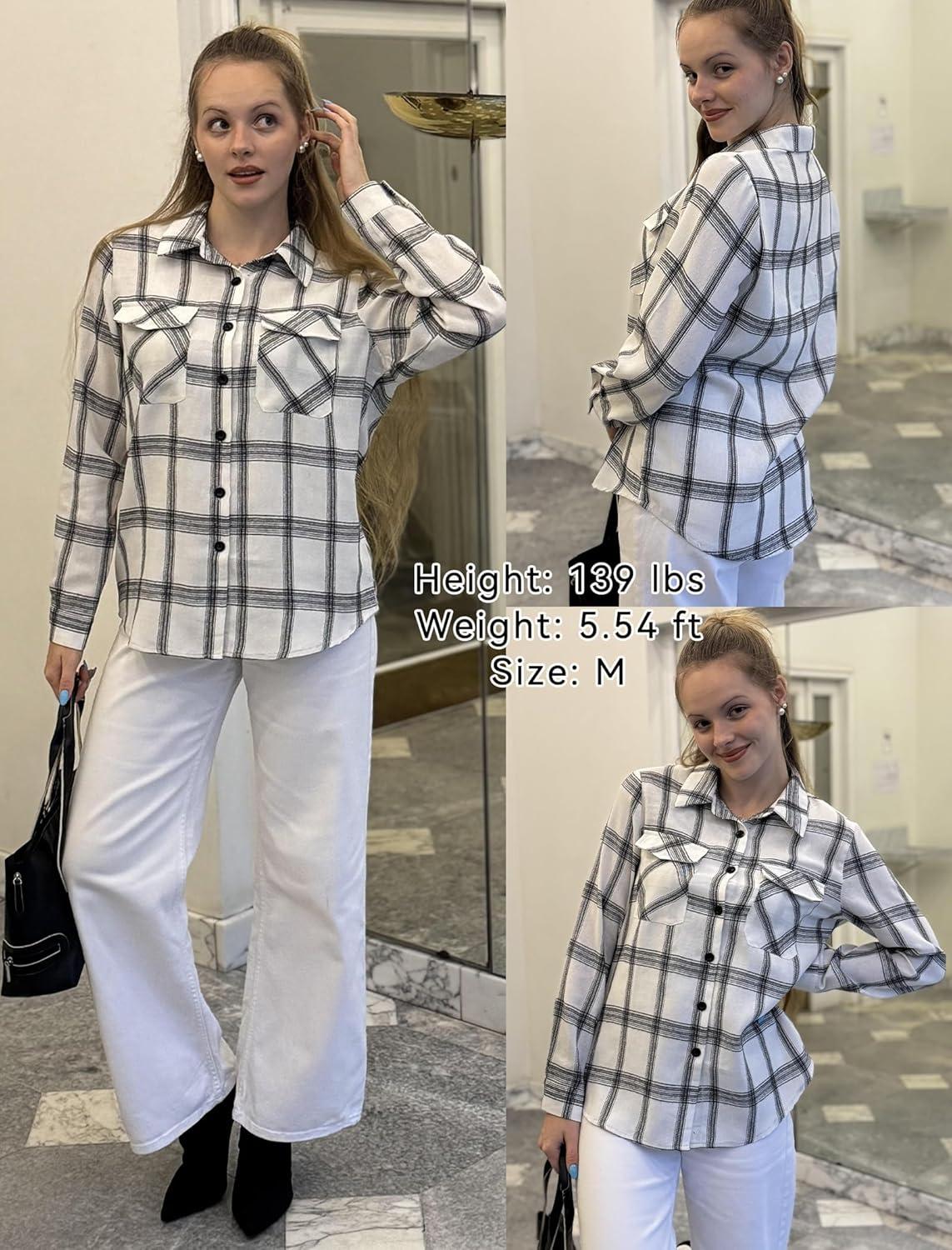 imageZeagoo Womens Button Down Flannel Shirts Long Sleeve Plaid Blouses Lightweight Business Dressy Casual Top with PocketsWhite