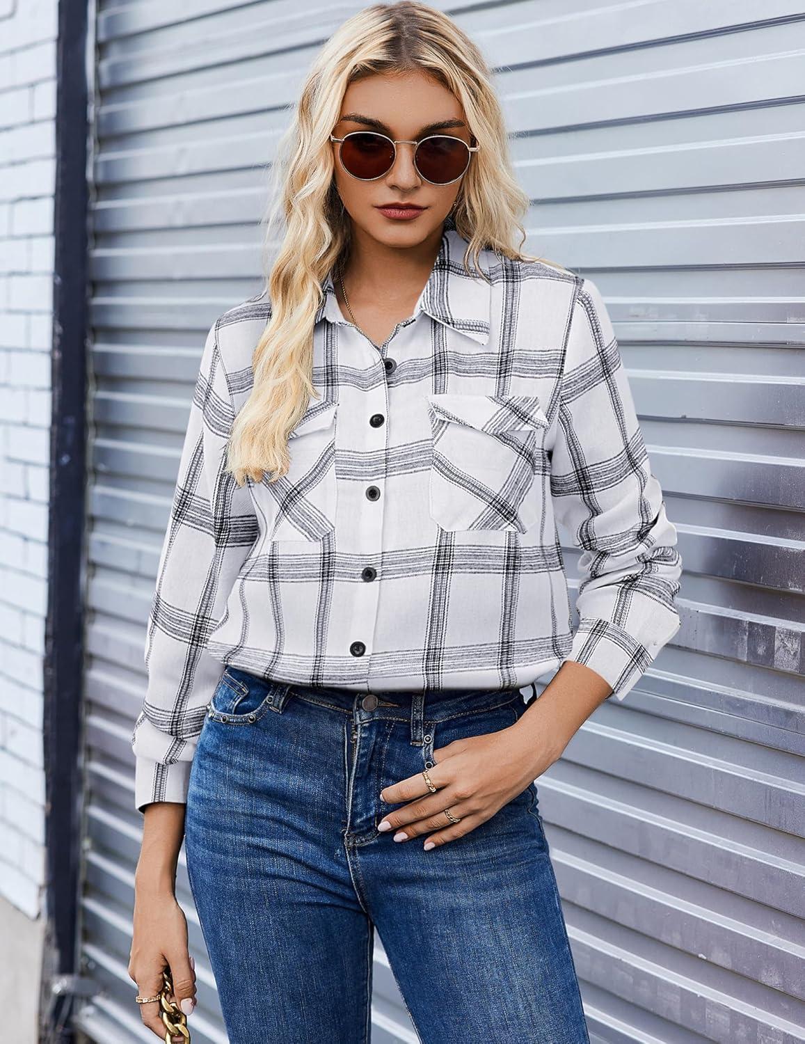 imageZeagoo Womens Button Down Flannel Shirts Long Sleeve Plaid Blouses Lightweight Business Dressy Casual Top with PocketsWhite