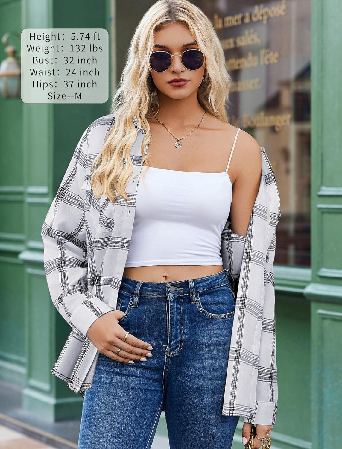 imageZeagoo Womens Button Down Flannel Shirts Long Sleeve Plaid Blouses Lightweight Business Dressy Casual Top with PocketsWhite