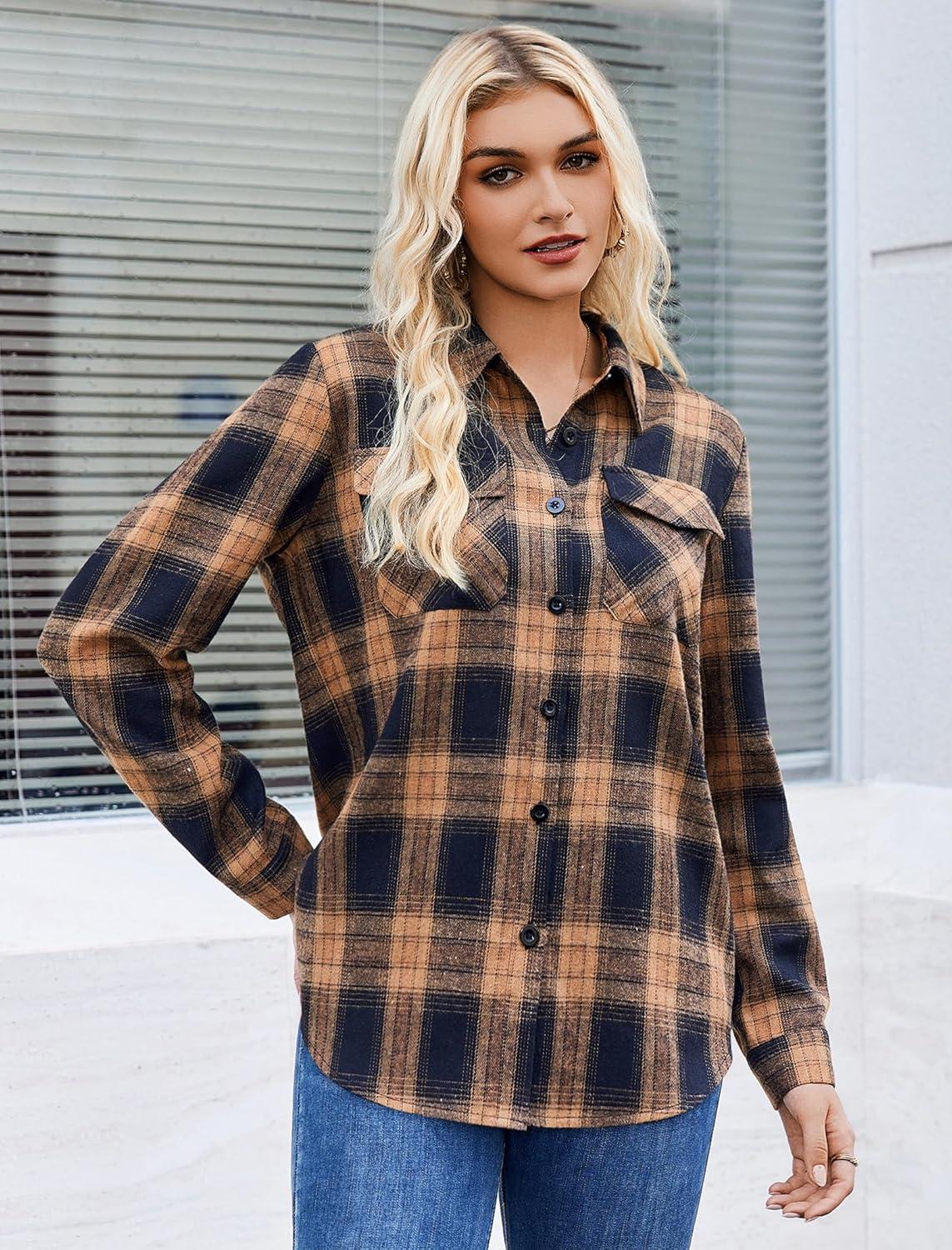 imageZeagoo Womens Button Down Flannel Shirts Long Sleeve Plaid Blouses Lightweight Business Dressy Casual Top with PocketsYellow Black