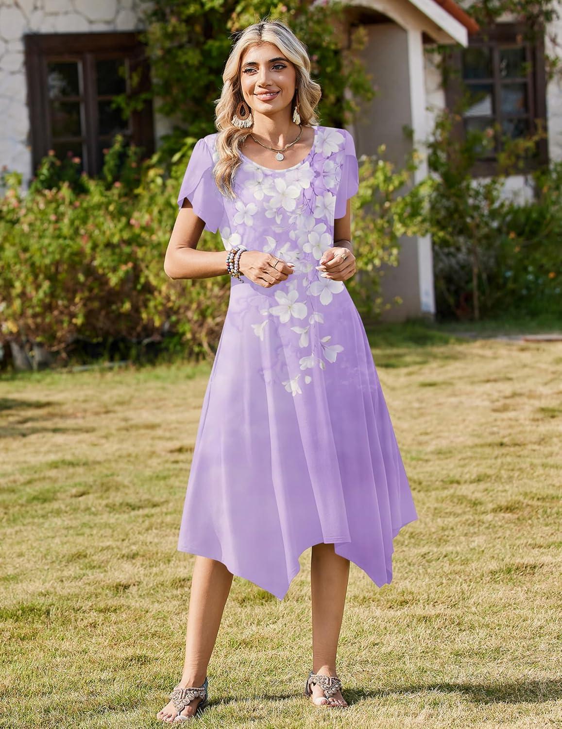 imageZeagoo Womens Casual Dress for Summer Short Sleeve Loose Flowy Beach Dress with Pockets Hankerchief Flare Midi Sundress 202602 Purple