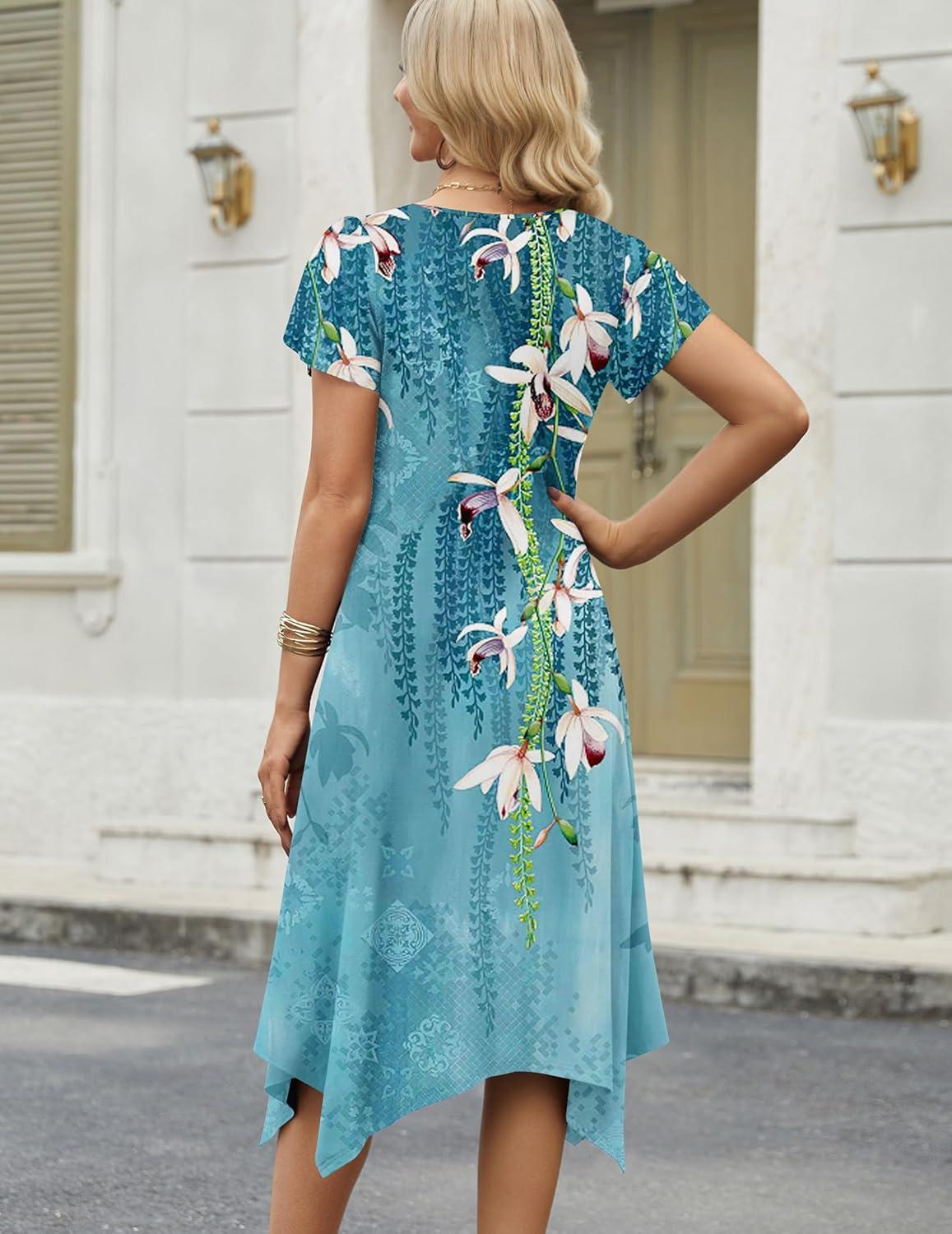 imageZeagoo Womens Casual Dress for Summer Short Sleeve Loose Flowy Beach Dress with Pockets Hankerchief Flare Midi Sundress 202604 Blue