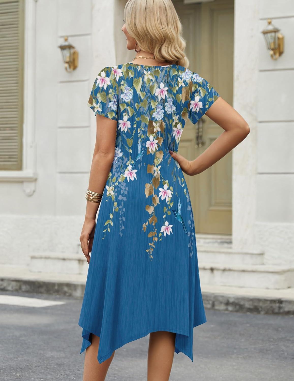 imageZeagoo Womens Casual Dress for Summer Short Sleeve Loose Flowy Beach Dress with Pockets Hankerchief Flare Midi Sundress 202605 Blue