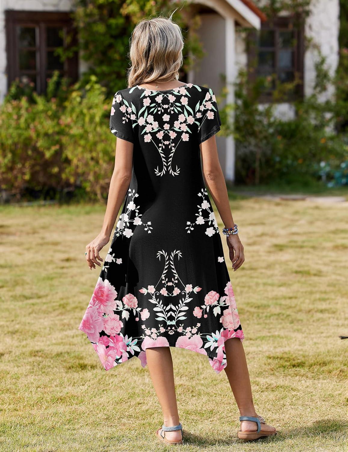 imageZeagoo Womens Casual Dress for Summer Short Sleeve Loose Flowy Beach Dress with Pockets Hankerchief Flare Midi Sundress 2026Black Pink Flower