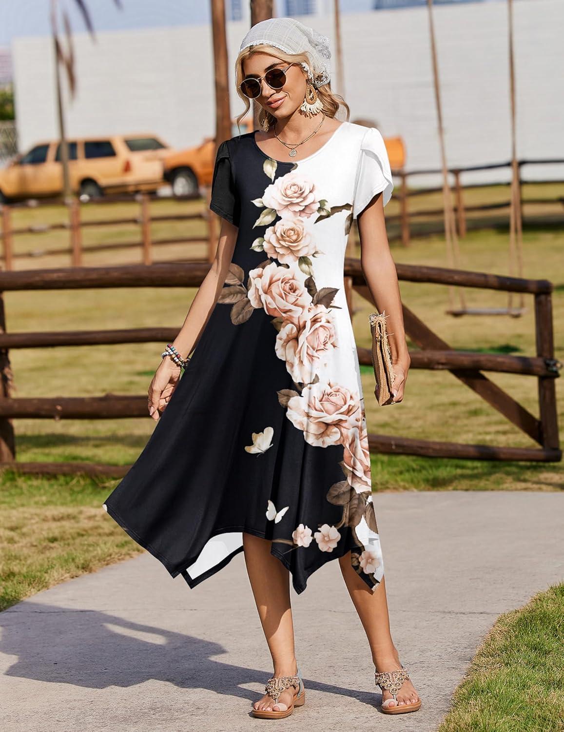 imageZeagoo Womens Casual Dress for Summer Short Sleeve Loose Flowy Beach Dress with Pockets Hankerchief Flare Midi Sundress 2026Black White Flower