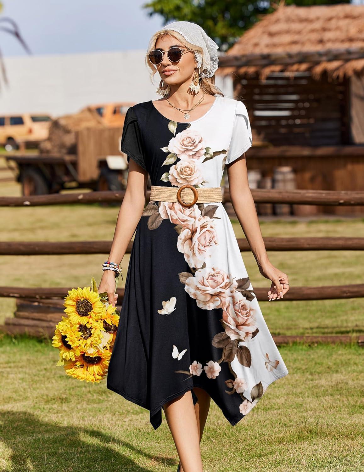 imageZeagoo Womens Casual Dress for Summer Short Sleeve Loose Flowy Beach Dress with Pockets Hankerchief Flare Midi Sundress 2026Black White Flower