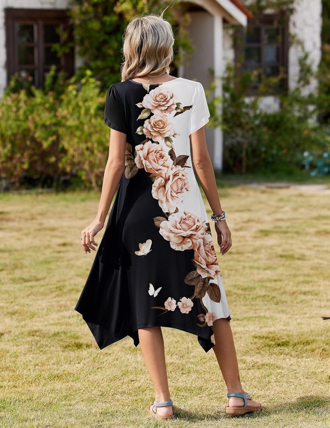 imageZeagoo Womens Casual Dress for Summer Short Sleeve Loose Flowy Beach Dress with Pockets Hankerchief Flare Midi Sundress 2026Black White Flower