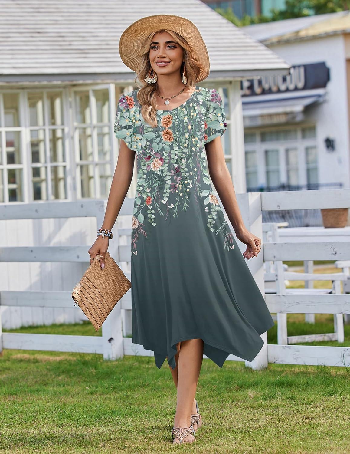 imageZeagoo Womens Casual Dress for Summer Short Sleeve Loose Flowy Beach Dress with Pockets Hankerchief Flare Midi Sundress 2026Grey Floral