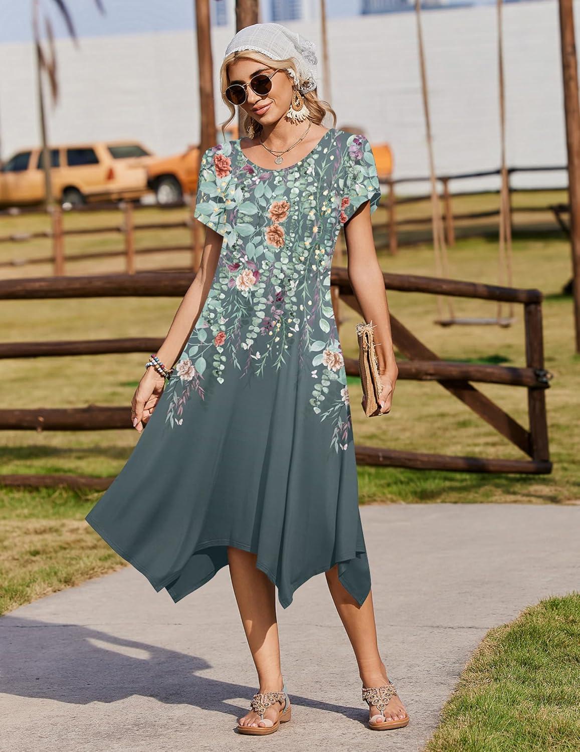 imageZeagoo Womens Casual Dress for Summer Short Sleeve Loose Flowy Beach Dress with Pockets Hankerchief Flare Midi Sundress 2026Grey Floral