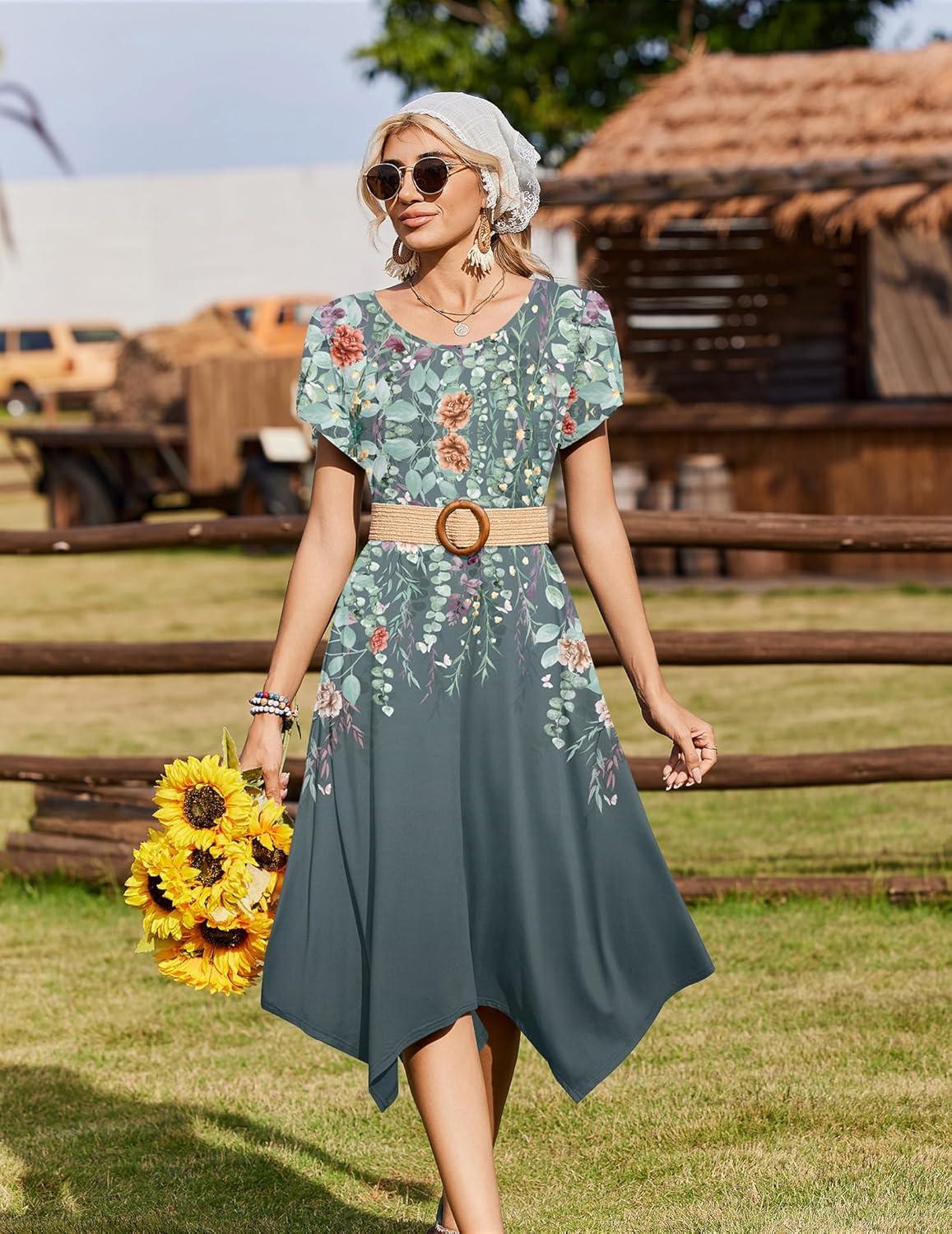 imageZeagoo Womens Casual Dress for Summer Short Sleeve Loose Flowy Beach Dress with Pockets Hankerchief Flare Midi Sundress 2026Grey Floral