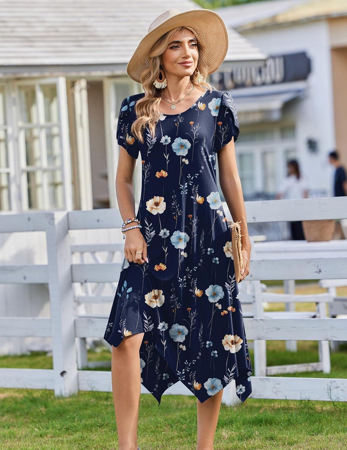 imageZeagoo Womens Casual Dress for Summer Short Sleeve Loose Flowy Beach Dress with Pockets Hankerchief Flare Midi Sundress 2026Navy Floral