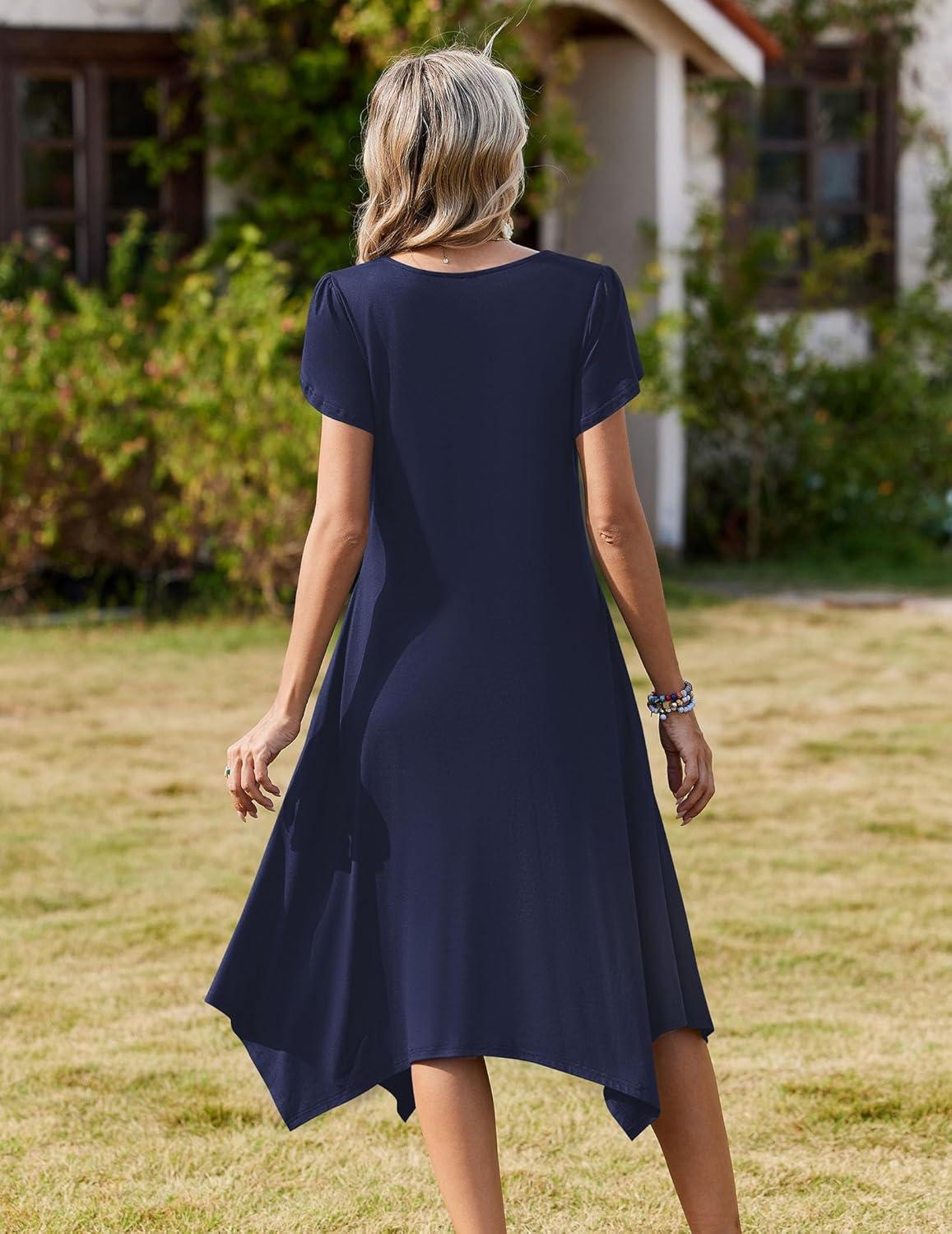 imageZeagoo Womens Casual Dress for Summer Short Sleeve Loose Flowy Beach Dress with Pockets Hankerchief Flare Midi Sundress 2026Solid Navy