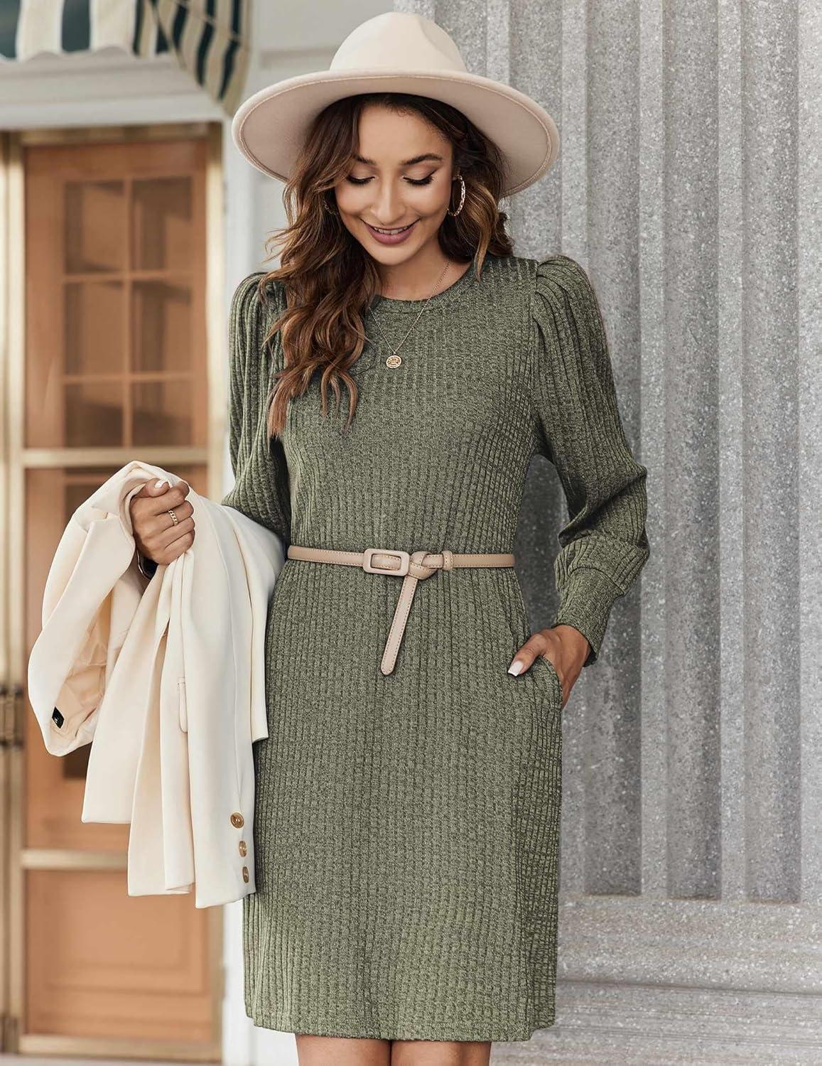 imageZeagoo Womens Knit Dress with Puff Sleeves for Fall amp Winter Round Neck Casual Tunic DressArmy Green