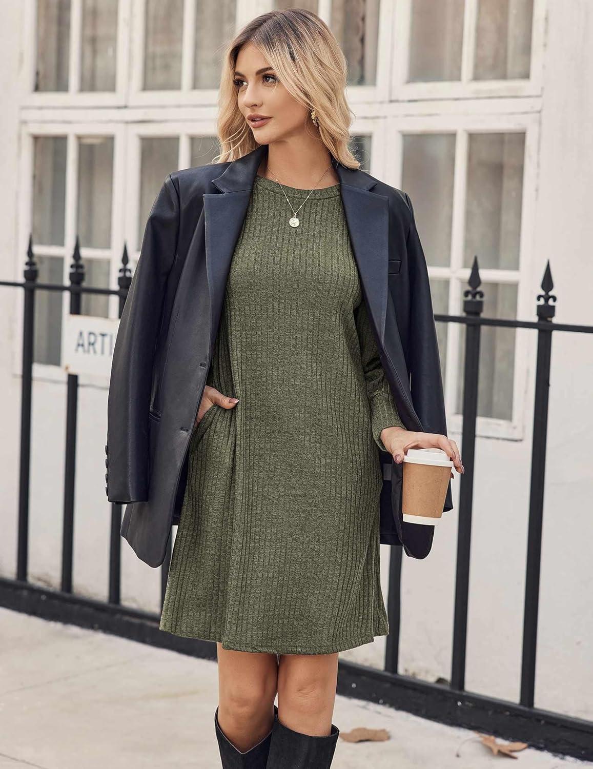 imageZeagoo Womens Knit Dress with Puff Sleeves for Fall amp Winter Round Neck Casual Tunic DressArmy Green