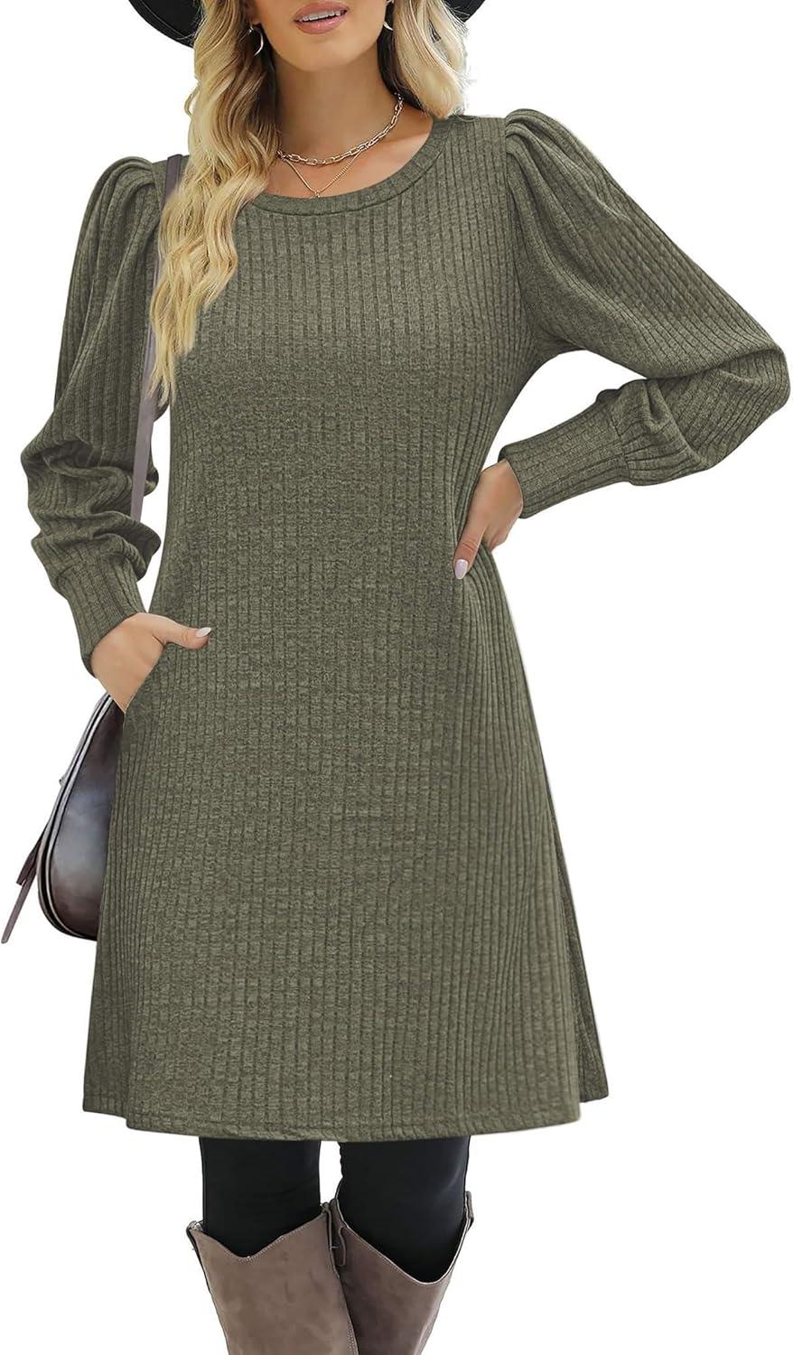 imageZeagoo Womens Knit Dress with Puff Sleeves for Fall amp Winter Round Neck Casual Tunic DressArmy Green