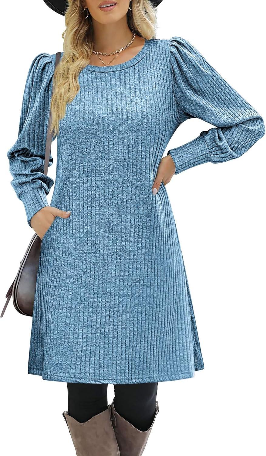 imageZeagoo Womens Knit Dress with Puff Sleeves for Fall amp Winter Round Neck Casual Tunic DressBlue