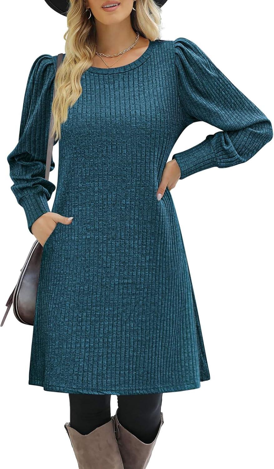 imageZeagoo Womens Knit Dress with Puff Sleeves for Fall amp Winter Round Neck Casual Tunic DressBlue Green