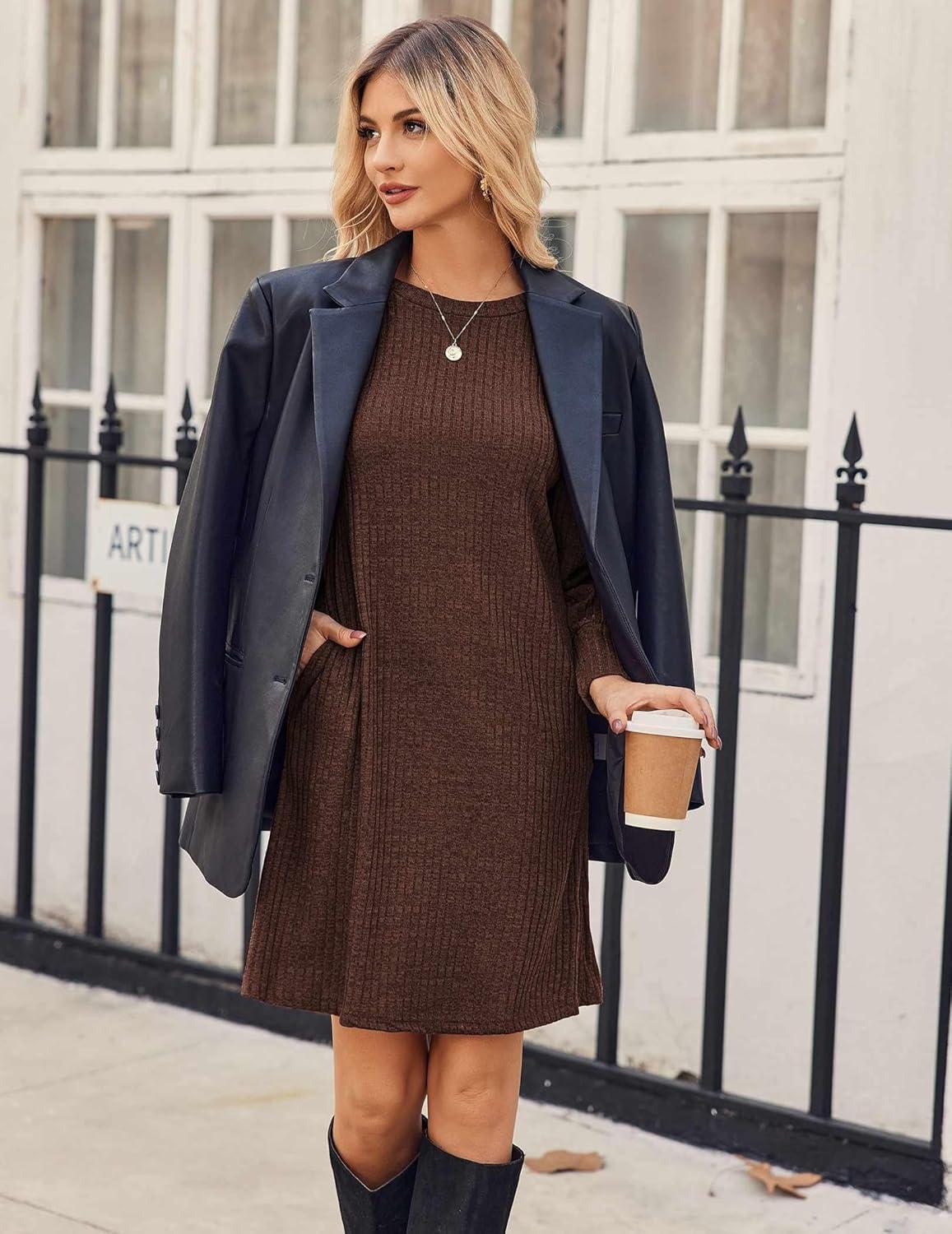 imageZeagoo Womens Knit Dress with Puff Sleeves for Fall amp Winter Round Neck Casual Tunic DressCoffee