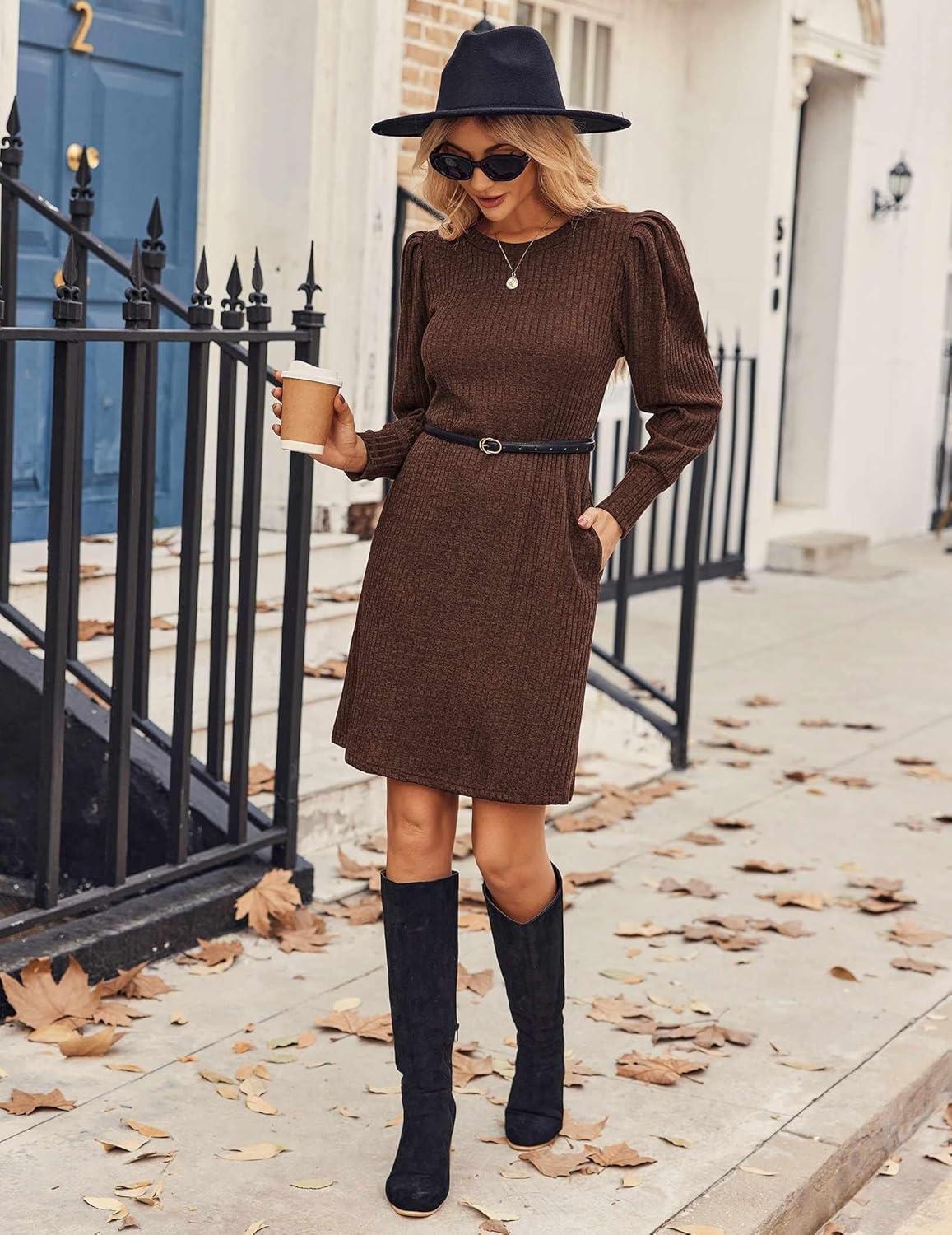 imageZeagoo Womens Knit Dress with Puff Sleeves for Fall amp Winter Round Neck Casual Tunic DressCoffee