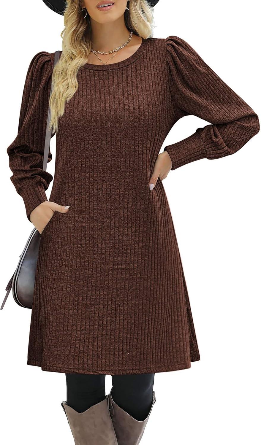 imageZeagoo Womens Knit Dress with Puff Sleeves for Fall amp Winter Round Neck Casual Tunic DressCoffee